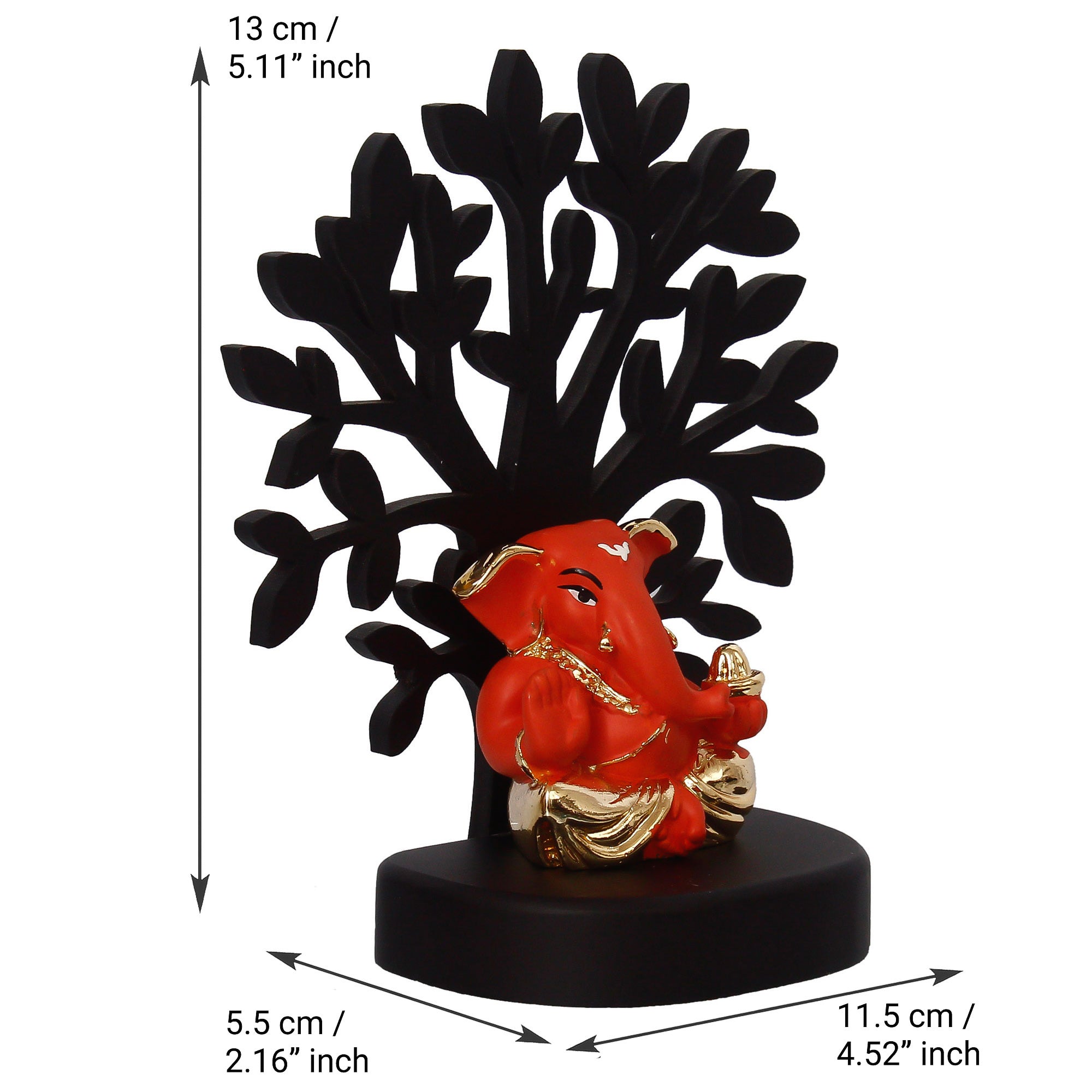 Gold Plated Orange Polyresin Appu Ganesha Idol with Wooden Tree for Home, Temple, Office and Car Dashboard 4