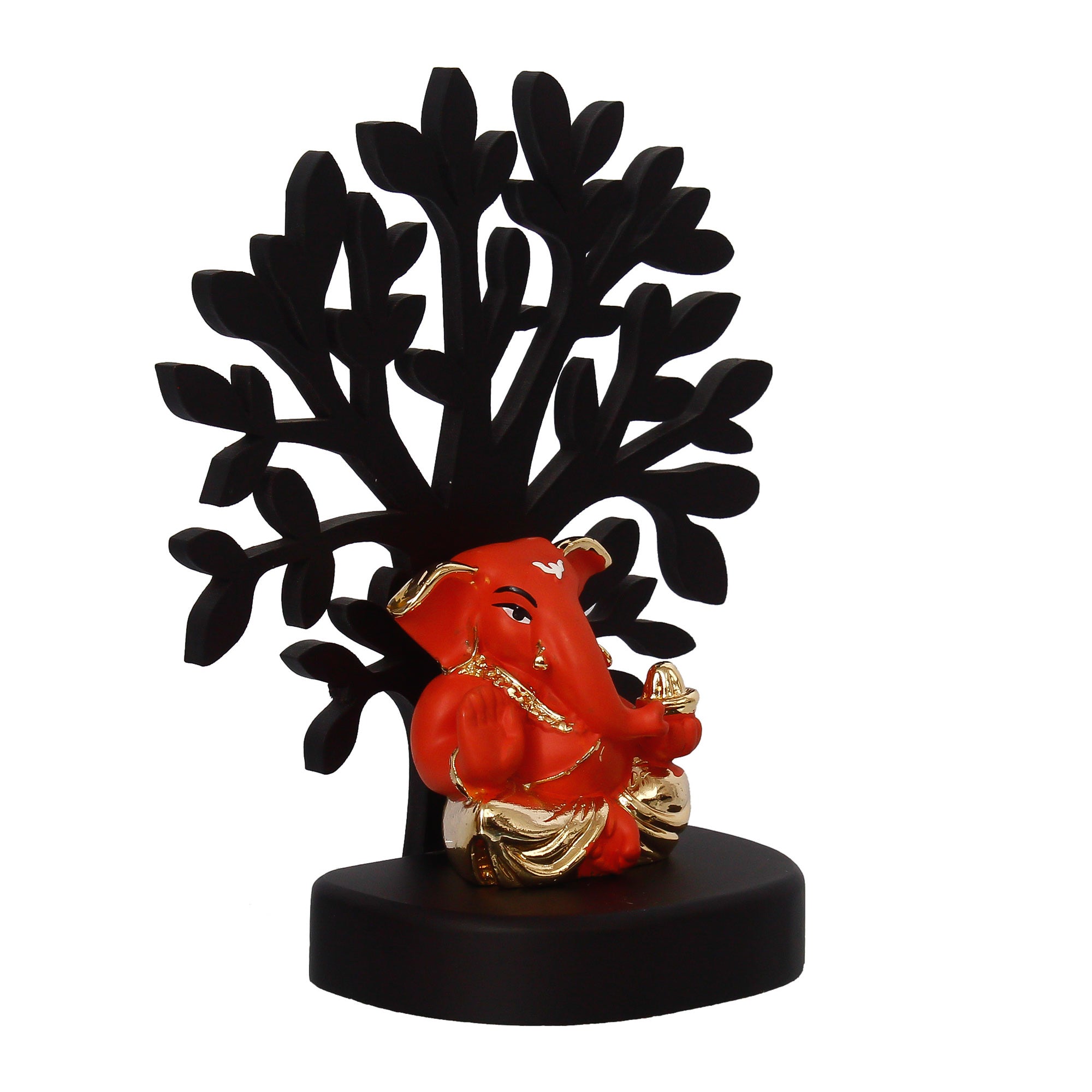 Gold Plated Orange Polyresin Appu Ganesha Idol with Wooden Tree for Home, Temple, Office and Car Dashboard 5