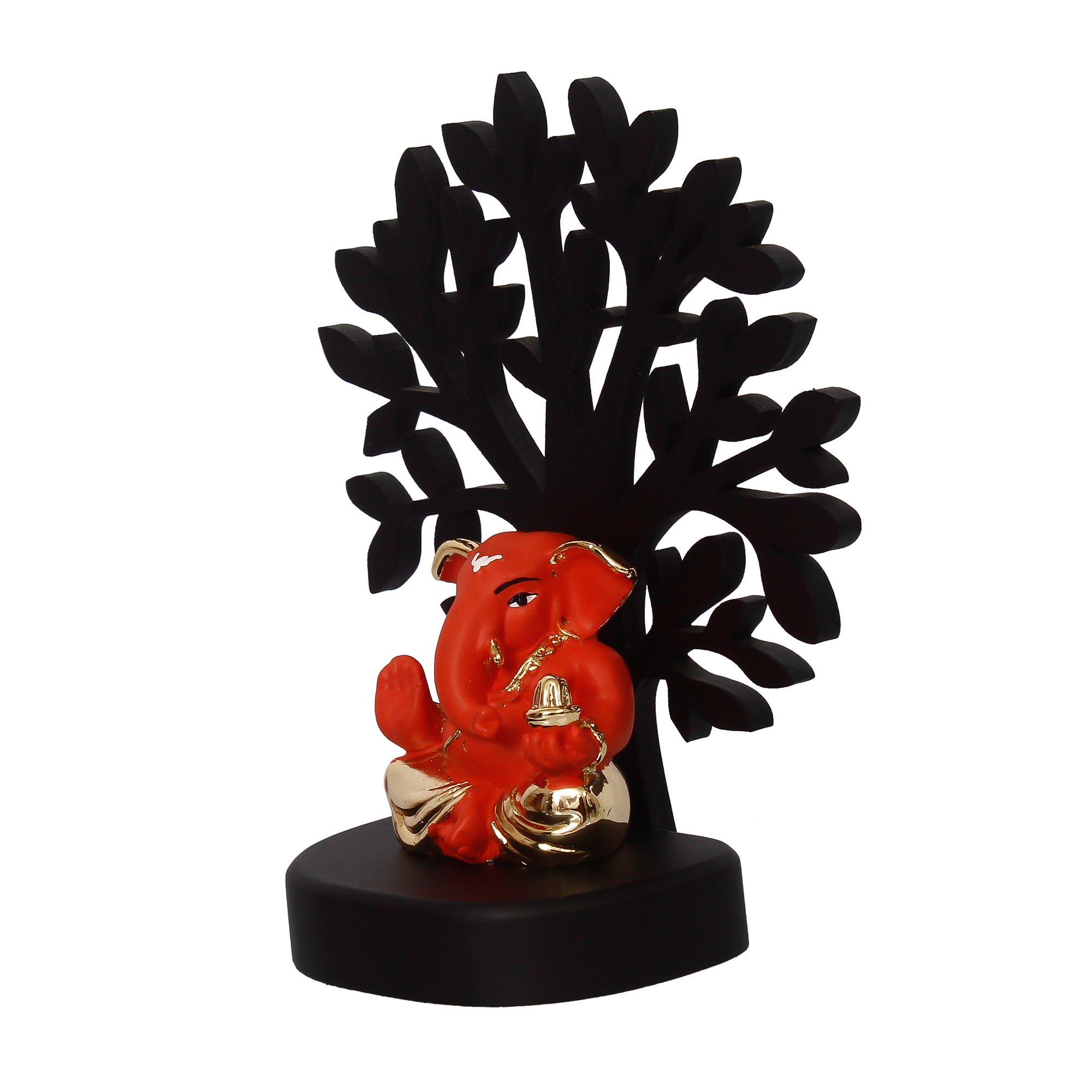 Gold Plated Orange Polyresin Appu Ganesha Idol with Wooden Tree for Home, Temple, Office and Car Dashboard 6