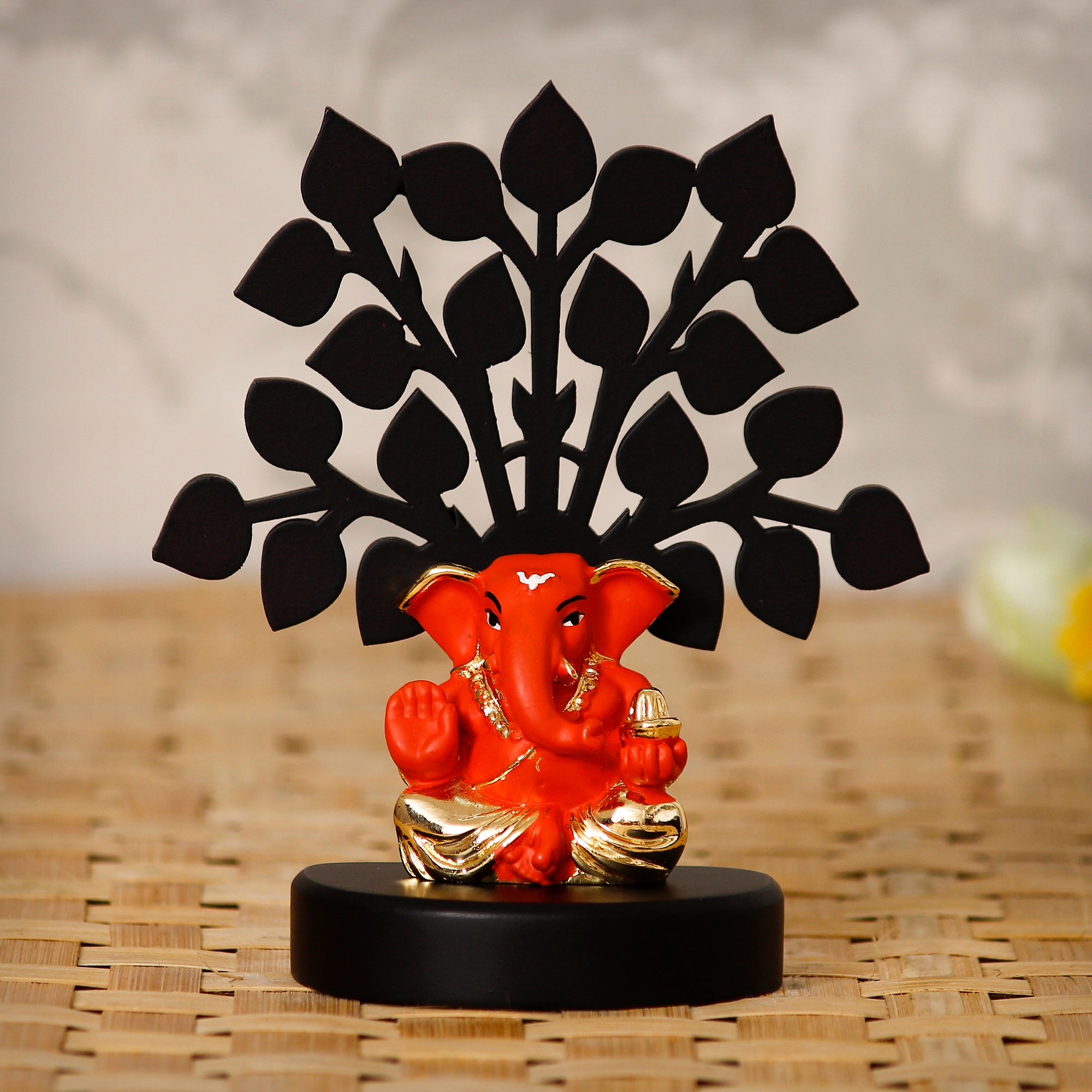 Gold Plated Orange Polyresin Appu Ganesha Idol with Wooden Tree for Home, Temple, Office and Car Dashboard