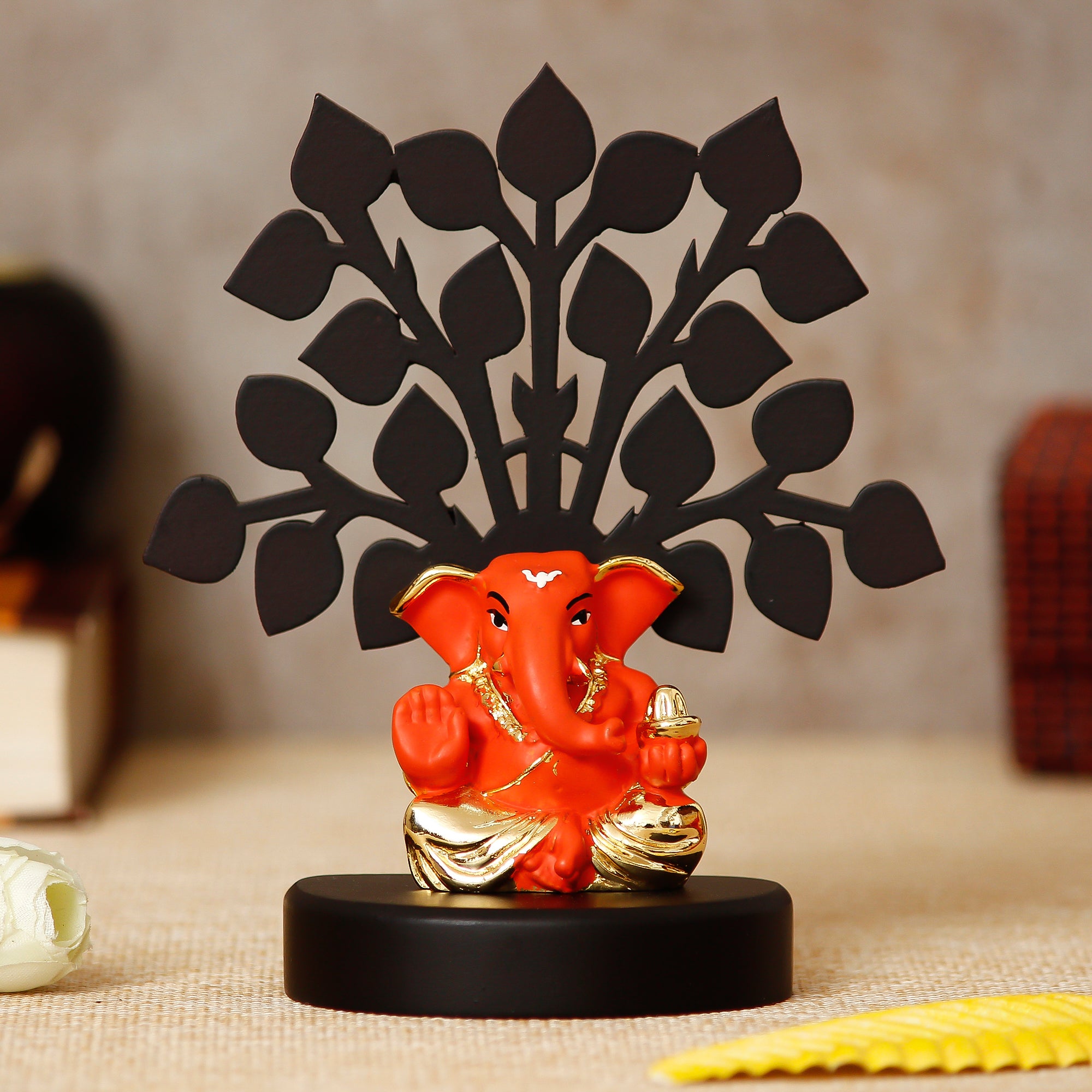 Gold Plated Orange Polyresin Appu Ganesha Idol with Wooden Tree for Home, Temple, Office and Car Dashboard 1