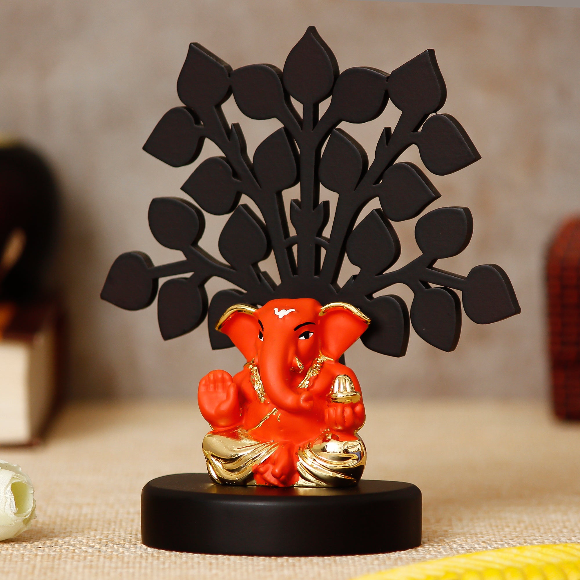 Gold Plated Orange Polyresin Appu Ganesha Idol with Wooden Tree for Home, Temple, Office and Car Dashboard 2