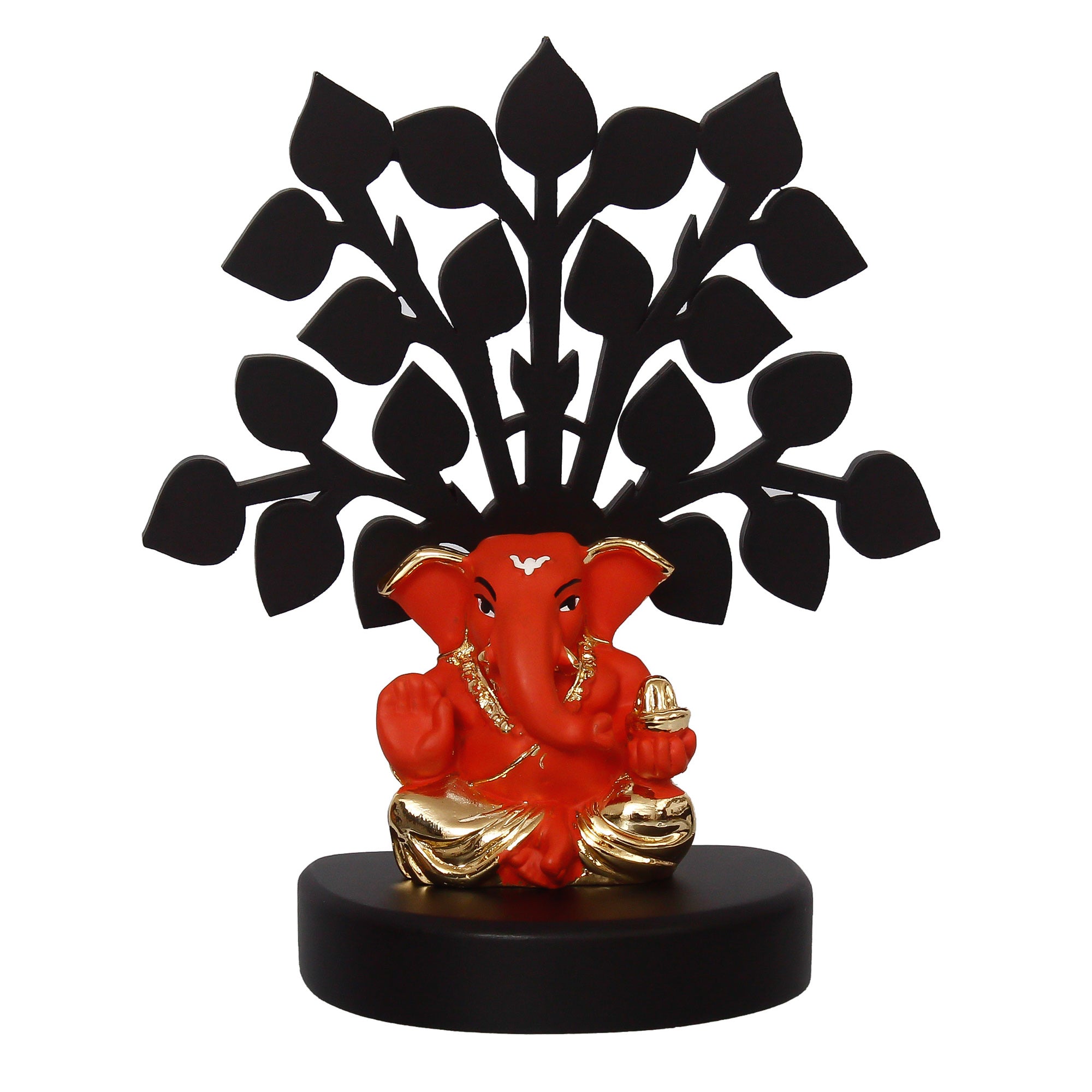 Gold Plated Orange Polyresin Appu Ganesha Idol with Wooden Tree for Home, Temple, Office and Car Dashboard 3