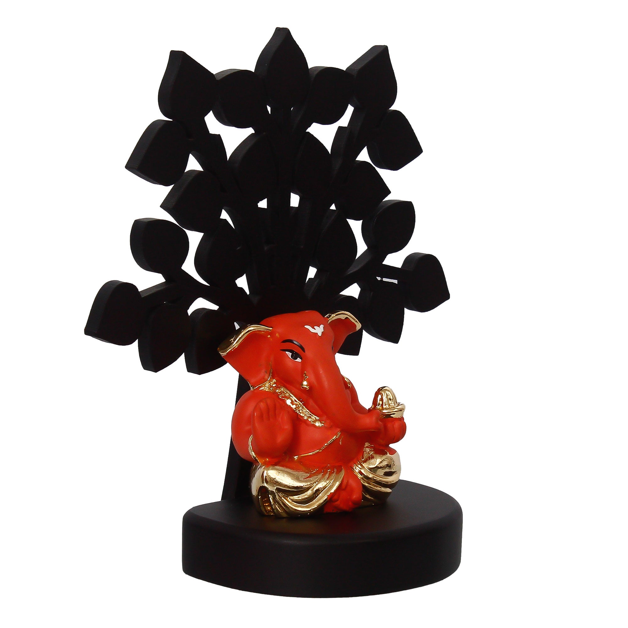 Gold Plated Orange Polyresin Appu Ganesha Idol with Wooden Tree for Home, Temple, Office and Car Dashboard 5