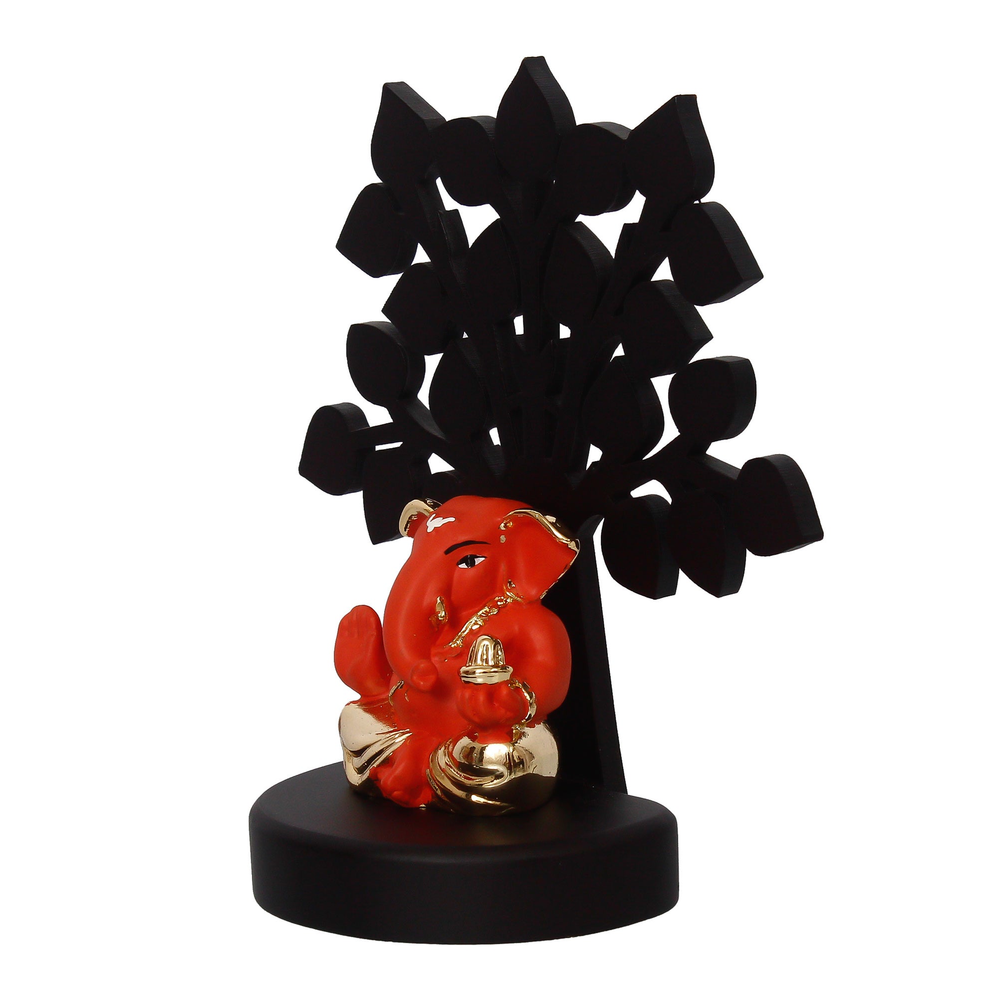Gold Plated Orange Polyresin Appu Ganesha Idol with Wooden Tree for Home, Temple, Office and Car Dashboard 6