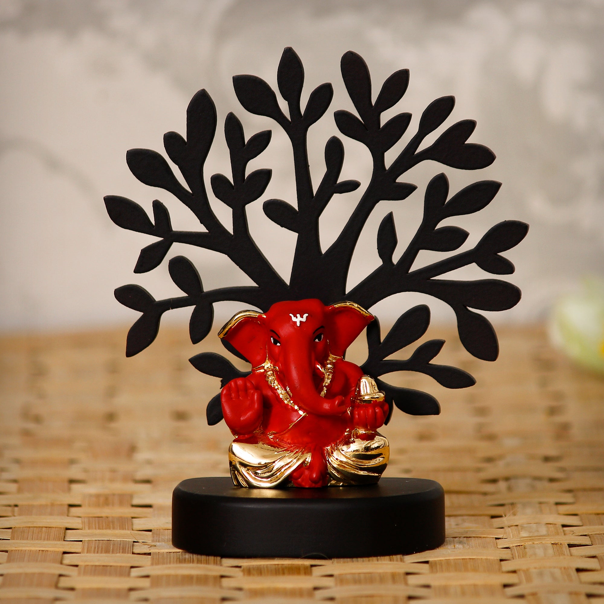 Gold Plated Red Polyresin Appu Ganesha Idol with Wooden Tree for Home, Temple, Office and Car Dashboard