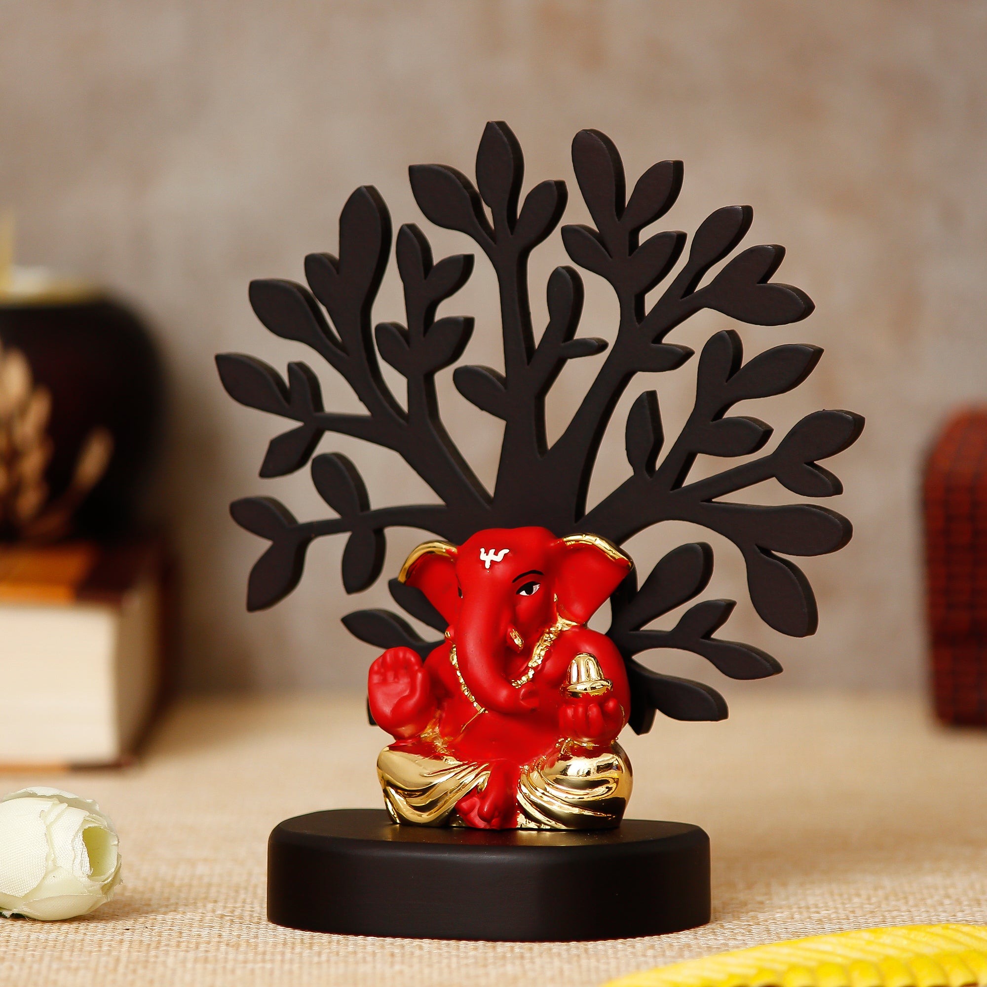 Gold Plated Red Polyresin Appu Ganesha Idol with Wooden Tree for Home, Temple, Office and Car Dashboard 1