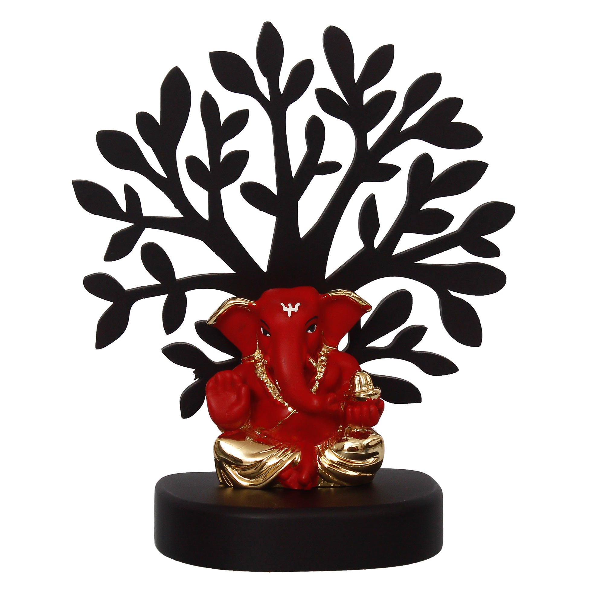 Gold Plated Red Polyresin Appu Ganesha Idol with Wooden Tree for Home, Temple, Office and Car Dashboard 2