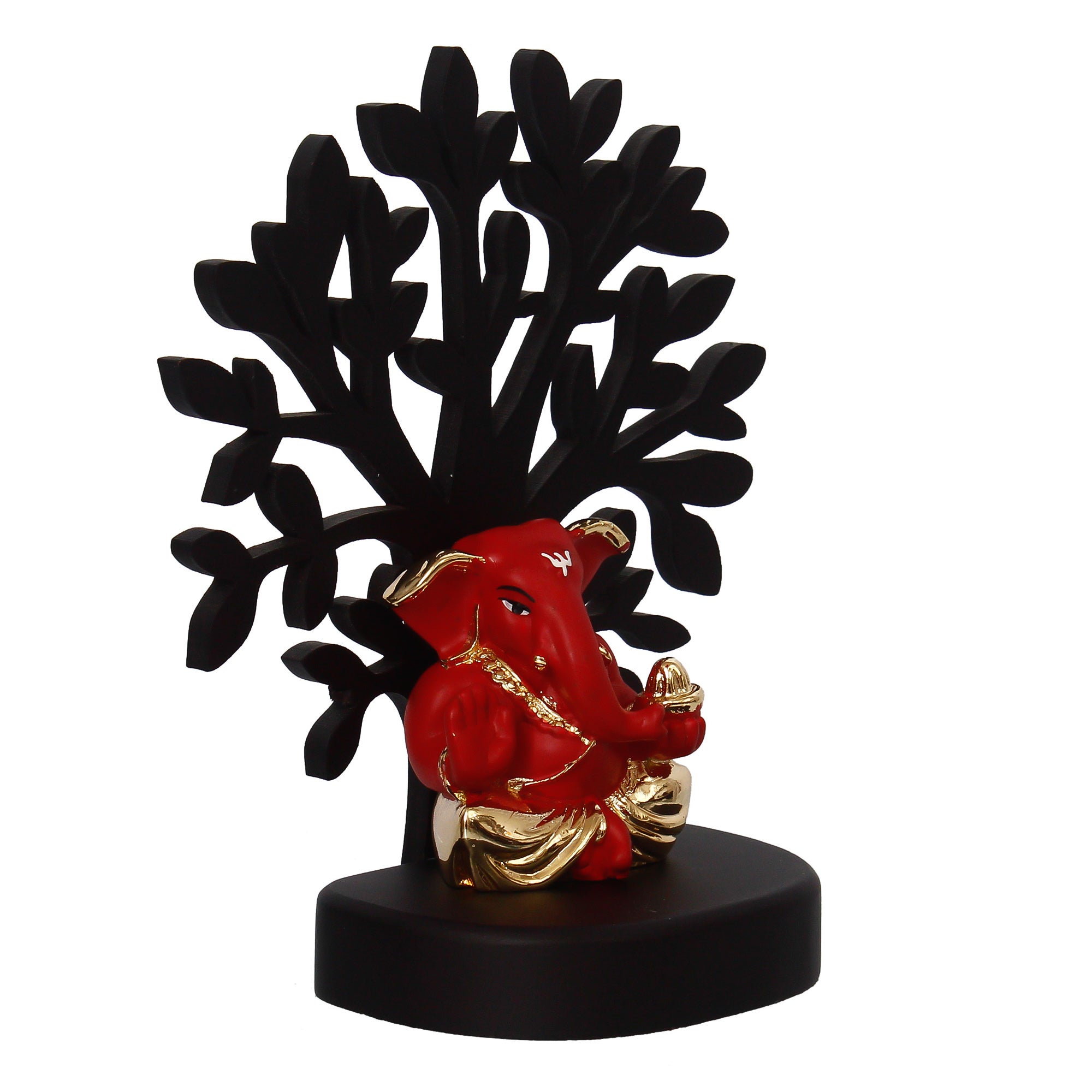 Gold Plated Red Polyresin Appu Ganesha Idol with Wooden Tree for Home, Temple, Office and Car Dashboard 4