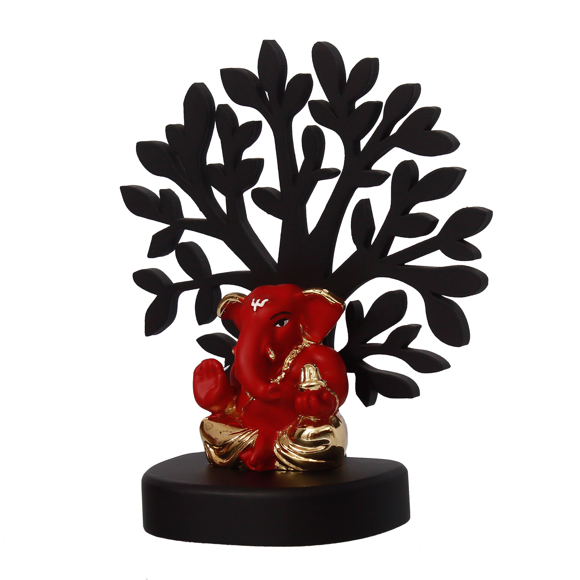 Gold Plated Red Polyresin Appu Ganesha Idol with Wooden Tree for Home, Temple, Office and Car Dashboard 5
