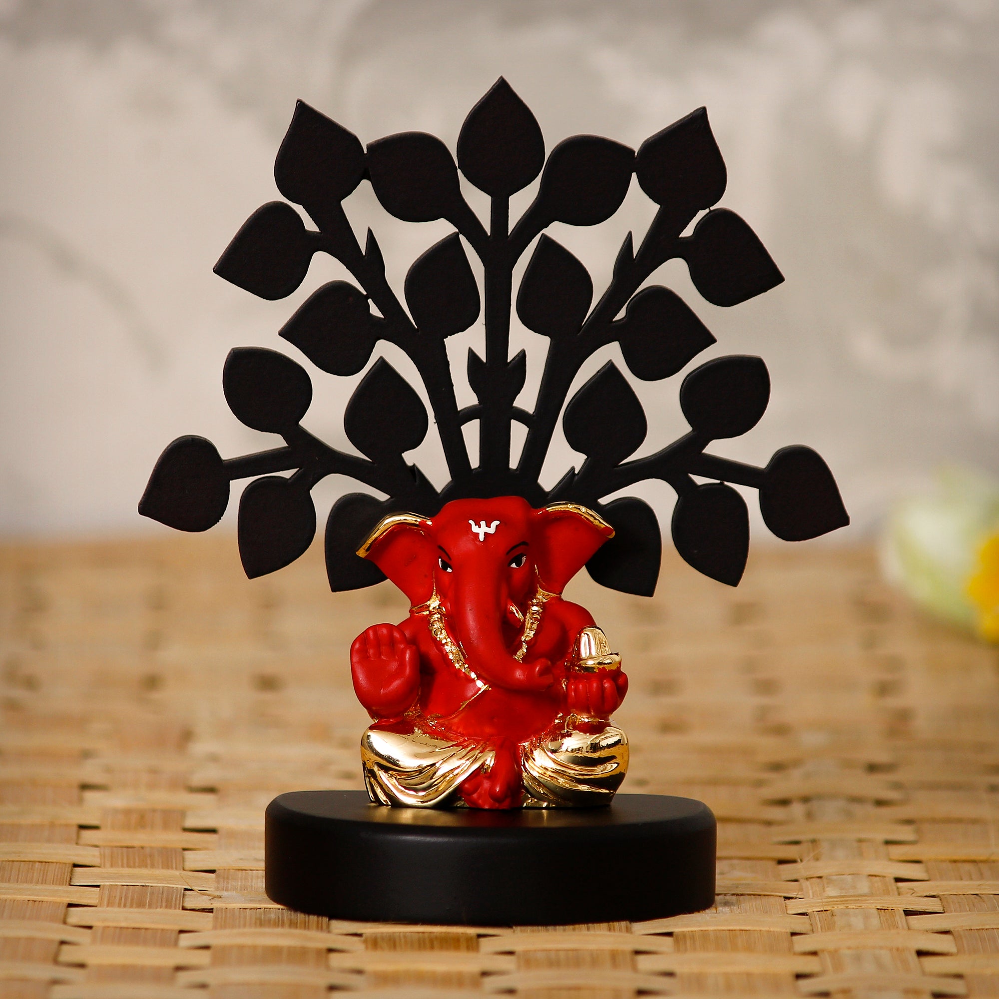 eCraftIndia Gold Plated Red Ganesha Decorative Showpiece with Wooden Tree for Home/Temple/Office/Car Dashboard