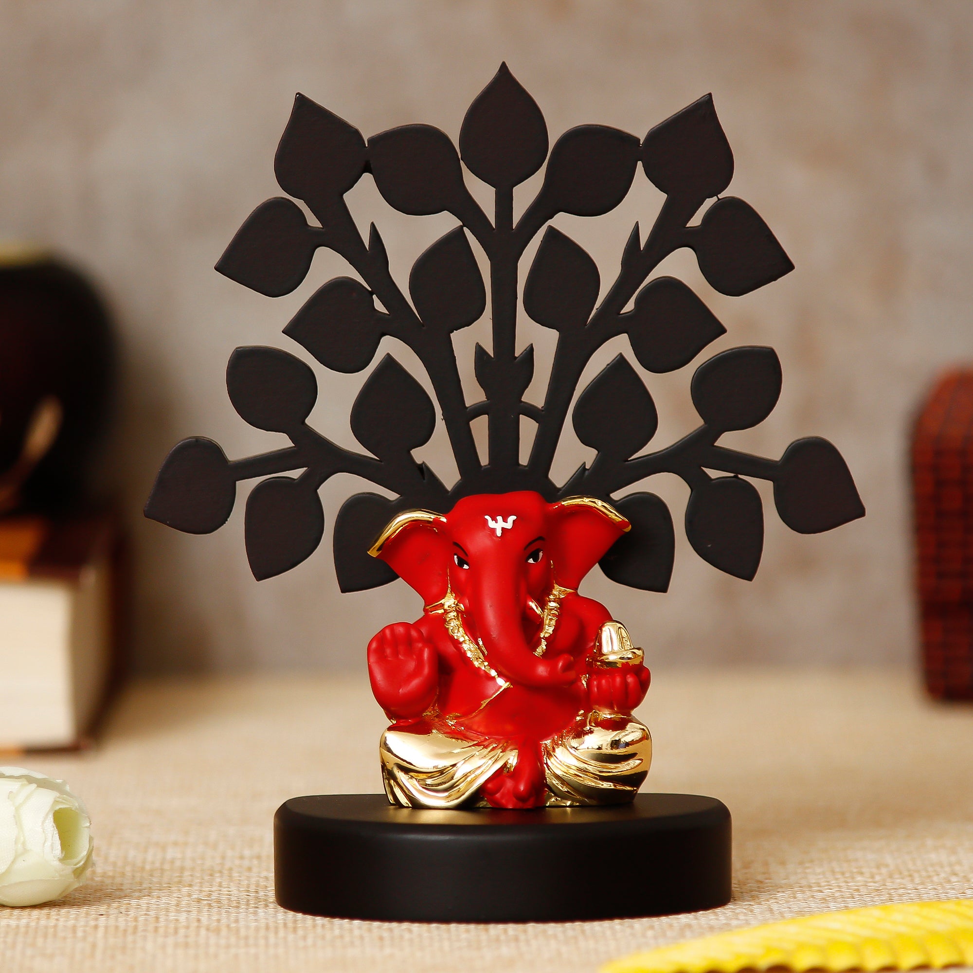 eCraftIndia Gold Plated Red Ganesha Decorative Showpiece with Wooden Tree for Home/Temple/Office/Car Dashboard 1