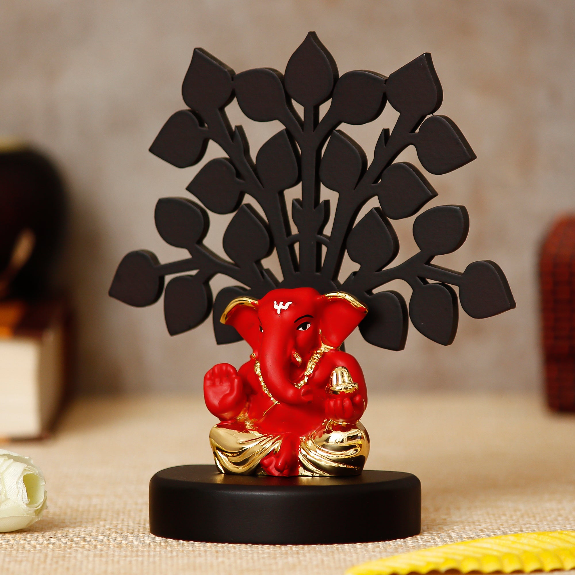 eCraftIndia Gold Plated Red Ganesha Decorative Showpiece with Wooden Tree for Home/Temple/Office/Car Dashboard 2