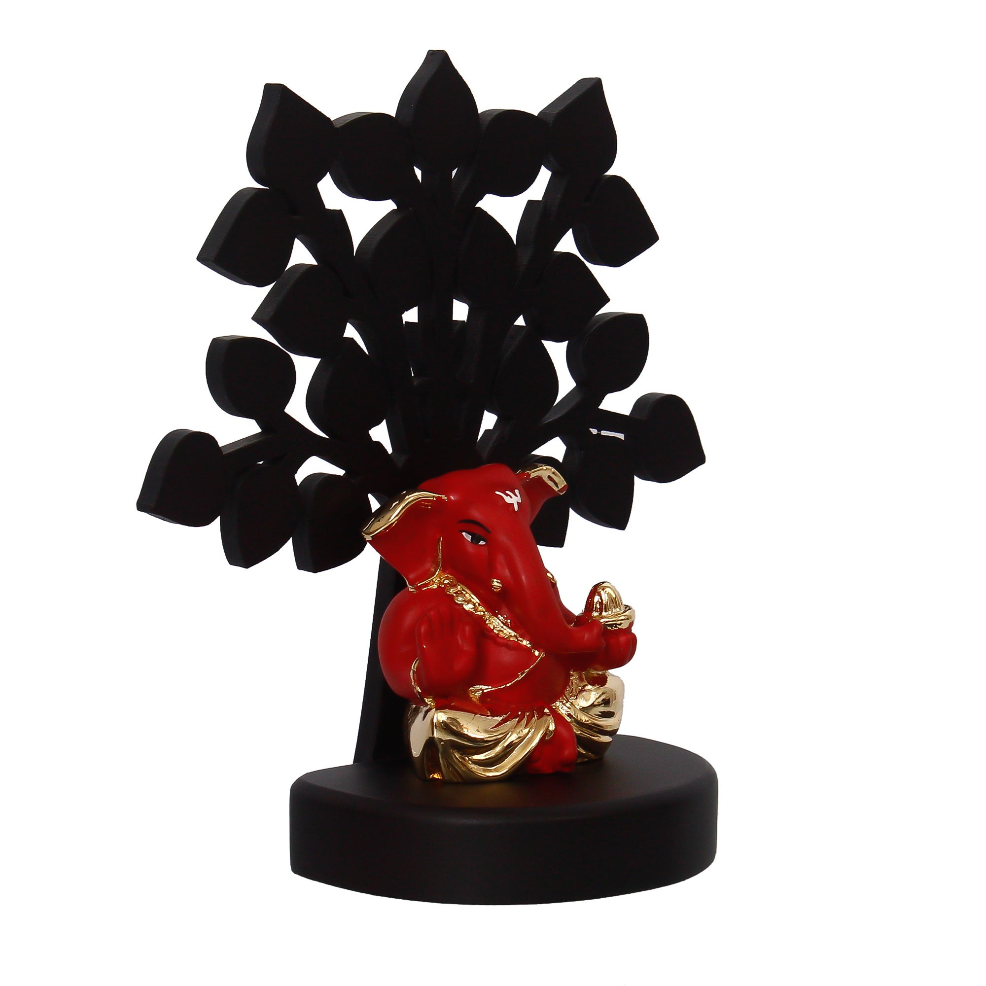 eCraftIndia Gold Plated Red Ganesha Decorative Showpiece with Wooden Tree for Home/Temple/Office/Car Dashboard 5