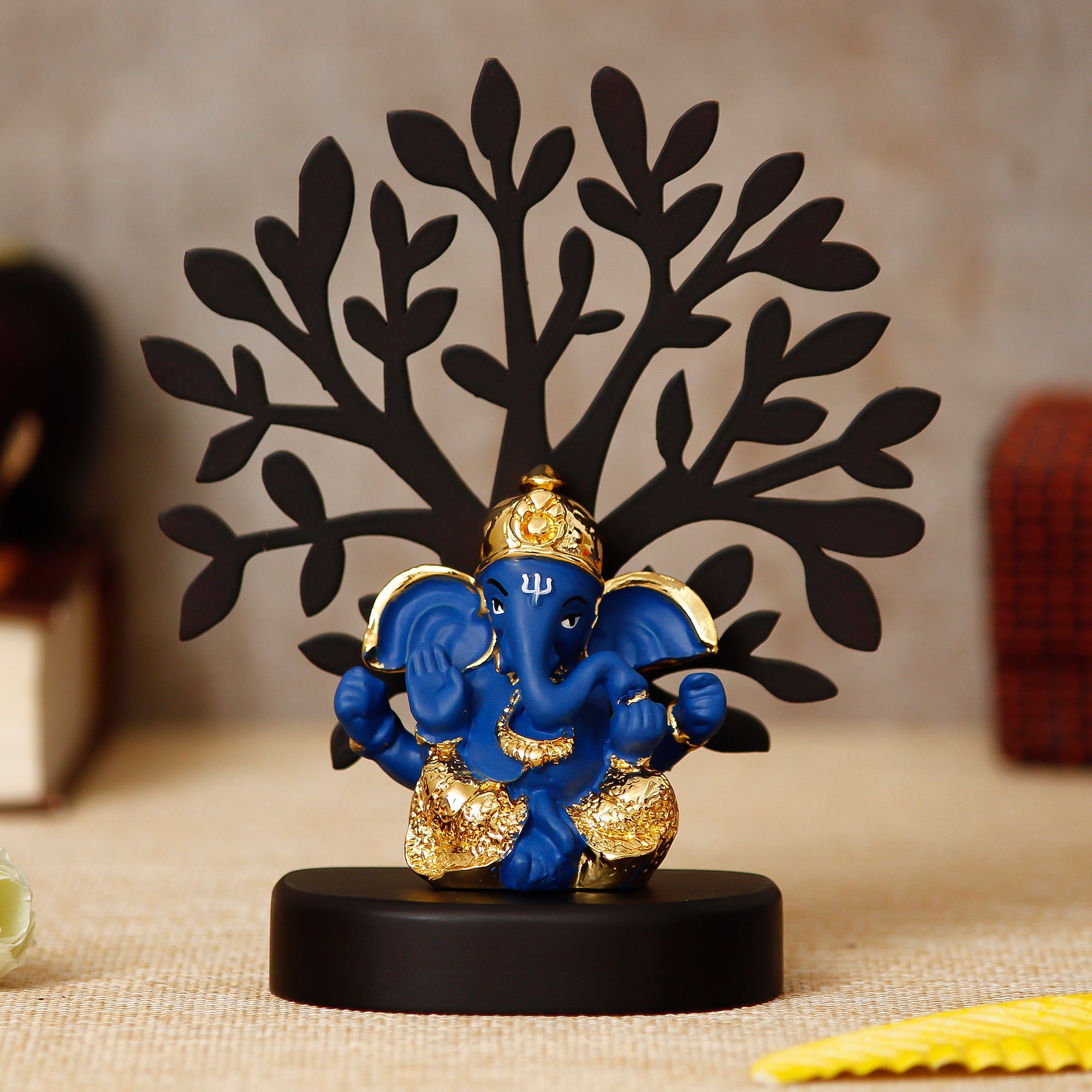 Gold Plated Blue Polyresin Ganesha Idol with Wooden Tree for Home, Temple, Office and Car Dashboard