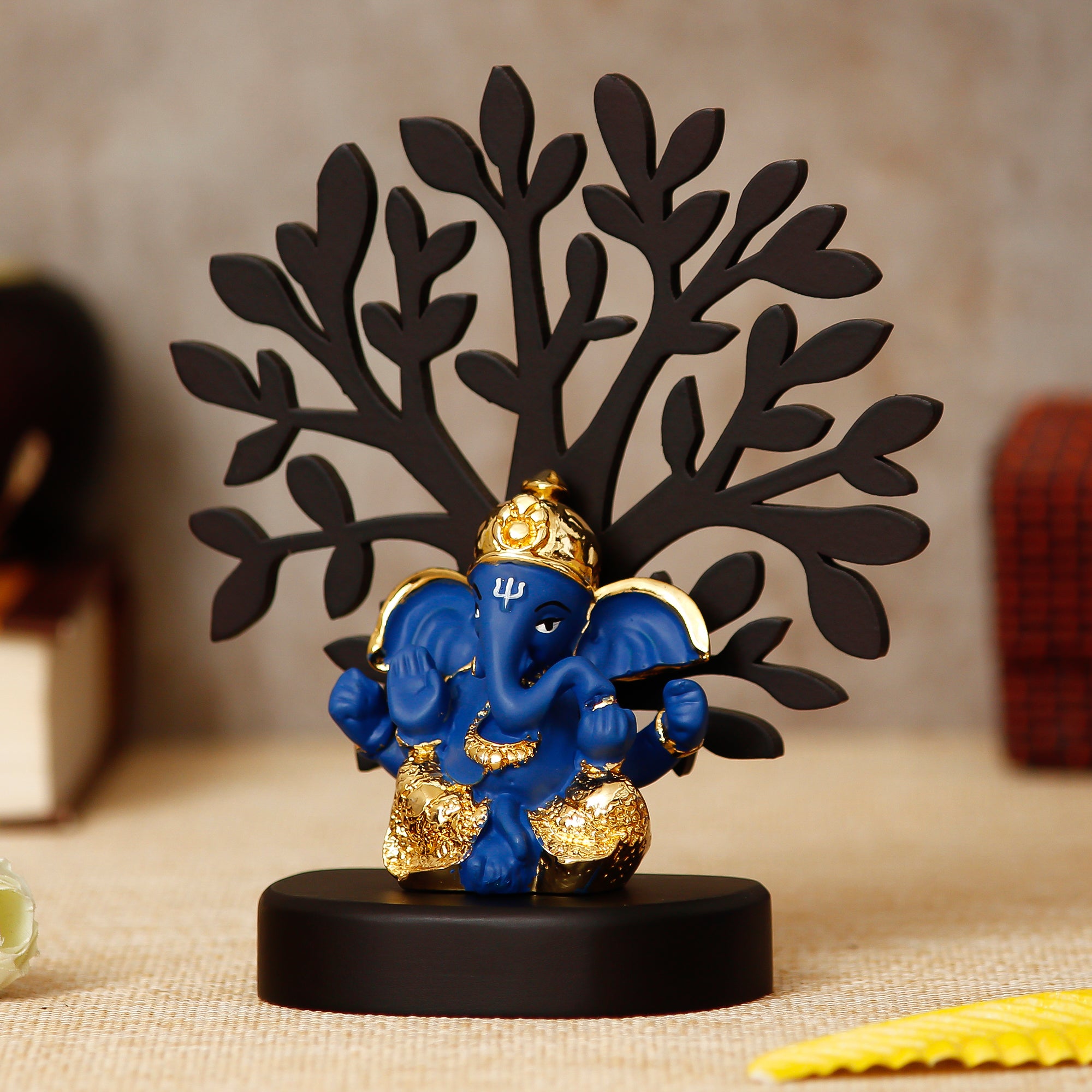 Gold Plated Blue Polyresin Ganesha Idol with Wooden Tree for Home, Temple, Office and Car Dashboard 2