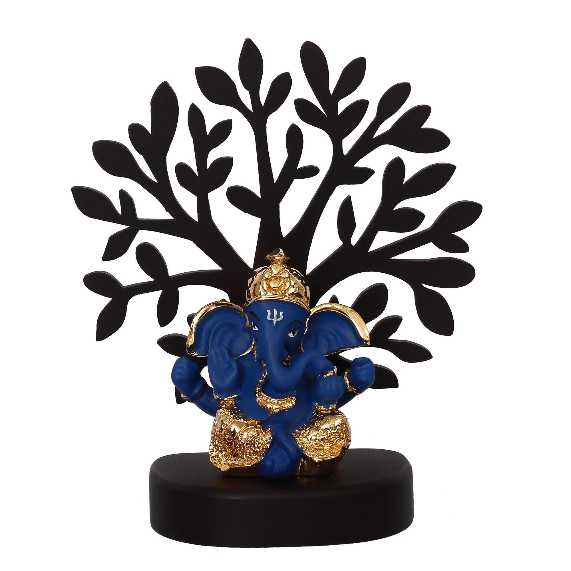 Gold Plated Blue Polyresin Ganesha Idol with Wooden Tree for Home, Temple, Office and Car Dashboard 3