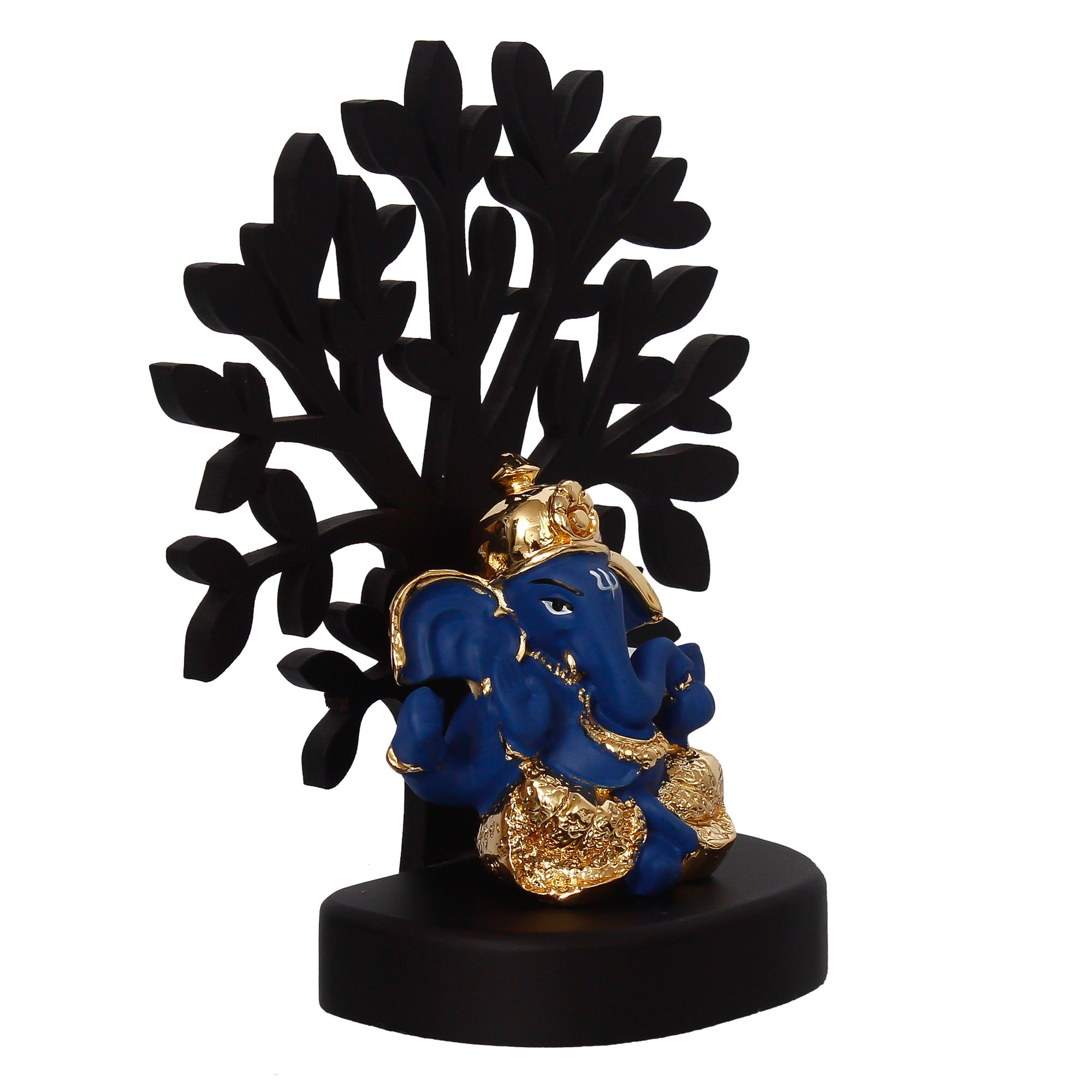 Gold Plated Blue Polyresin Ganesha Idol with Wooden Tree for Home, Temple, Office and Car Dashboard 5