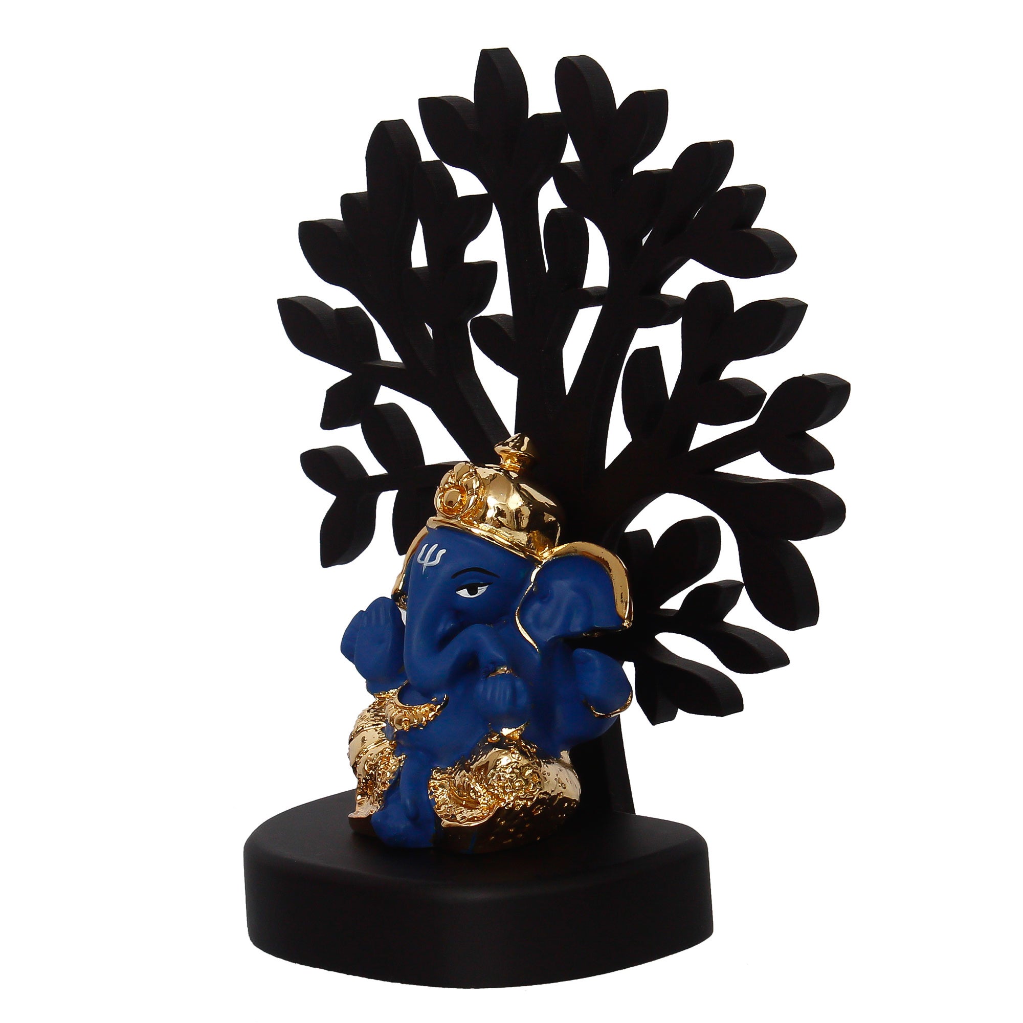 Gold Plated Blue Polyresin Ganesha Idol with Wooden Tree for Home, Temple, Office and Car Dashboard 6