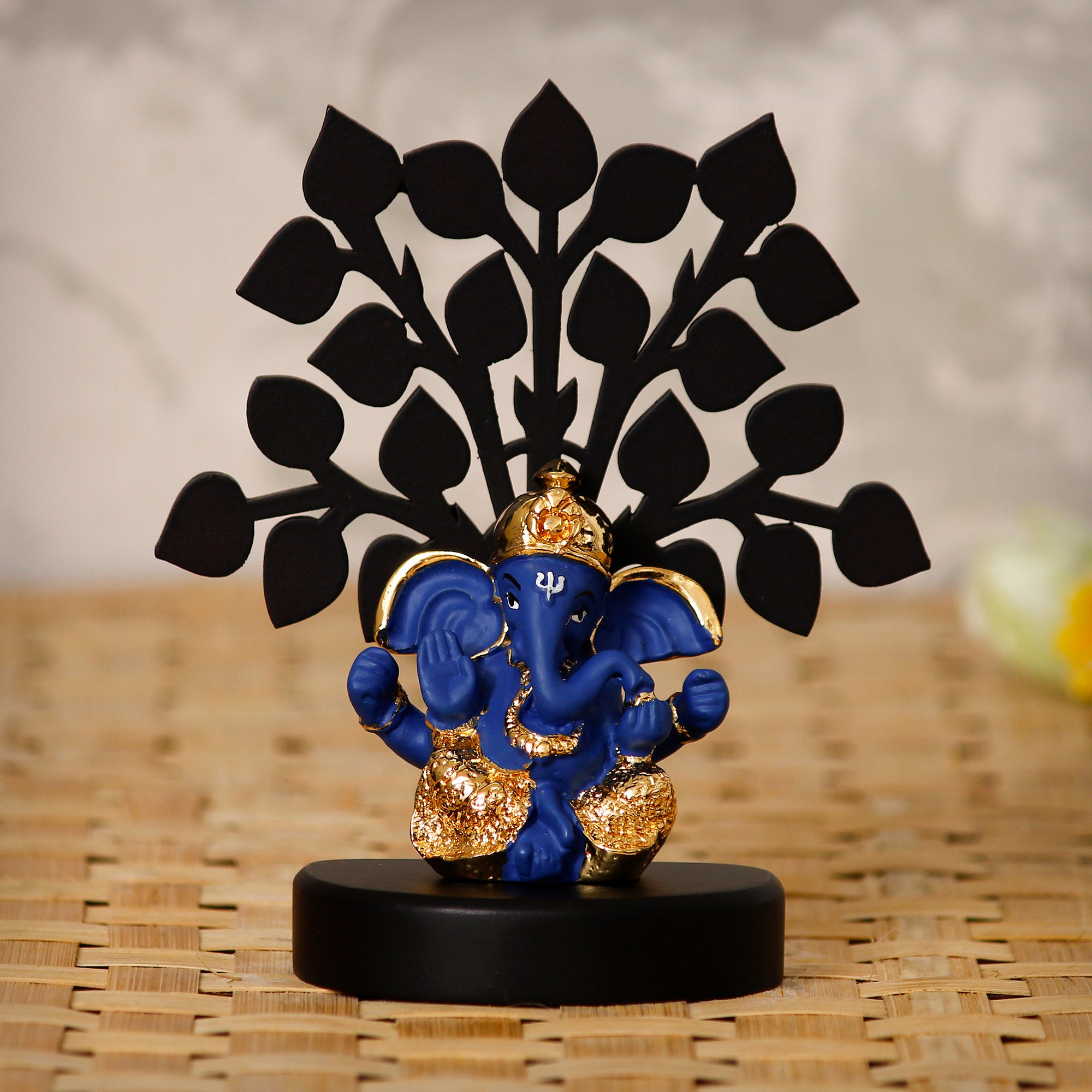 Gold Plated Blue Polyresin Ganesha Idol with Wooden Tree for Home, Temple, Office and Car Dashboard 1