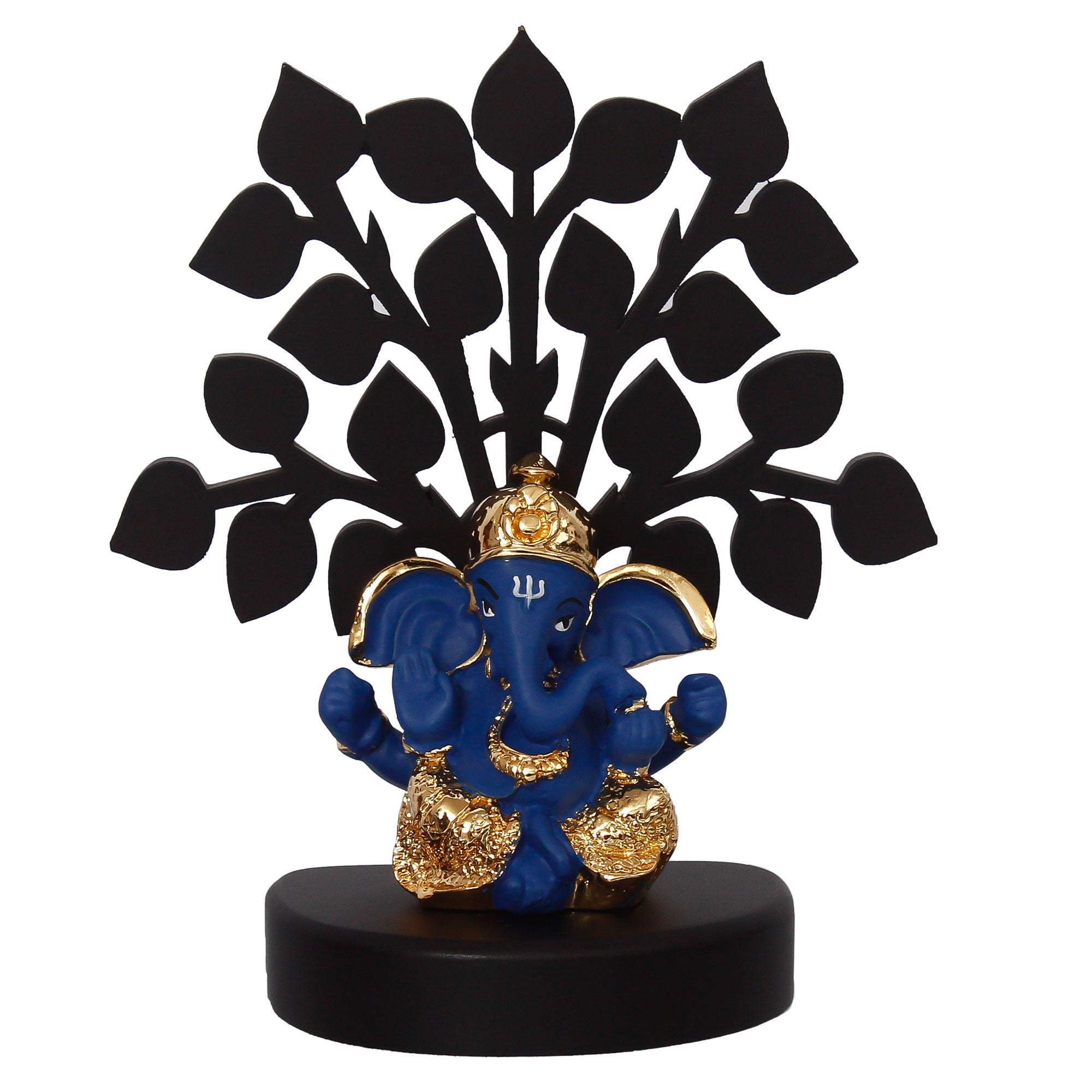 Gold Plated Blue Polyresin Ganesha Idol with Wooden Tree for Home, Temple, Office and Car Dashboard 3