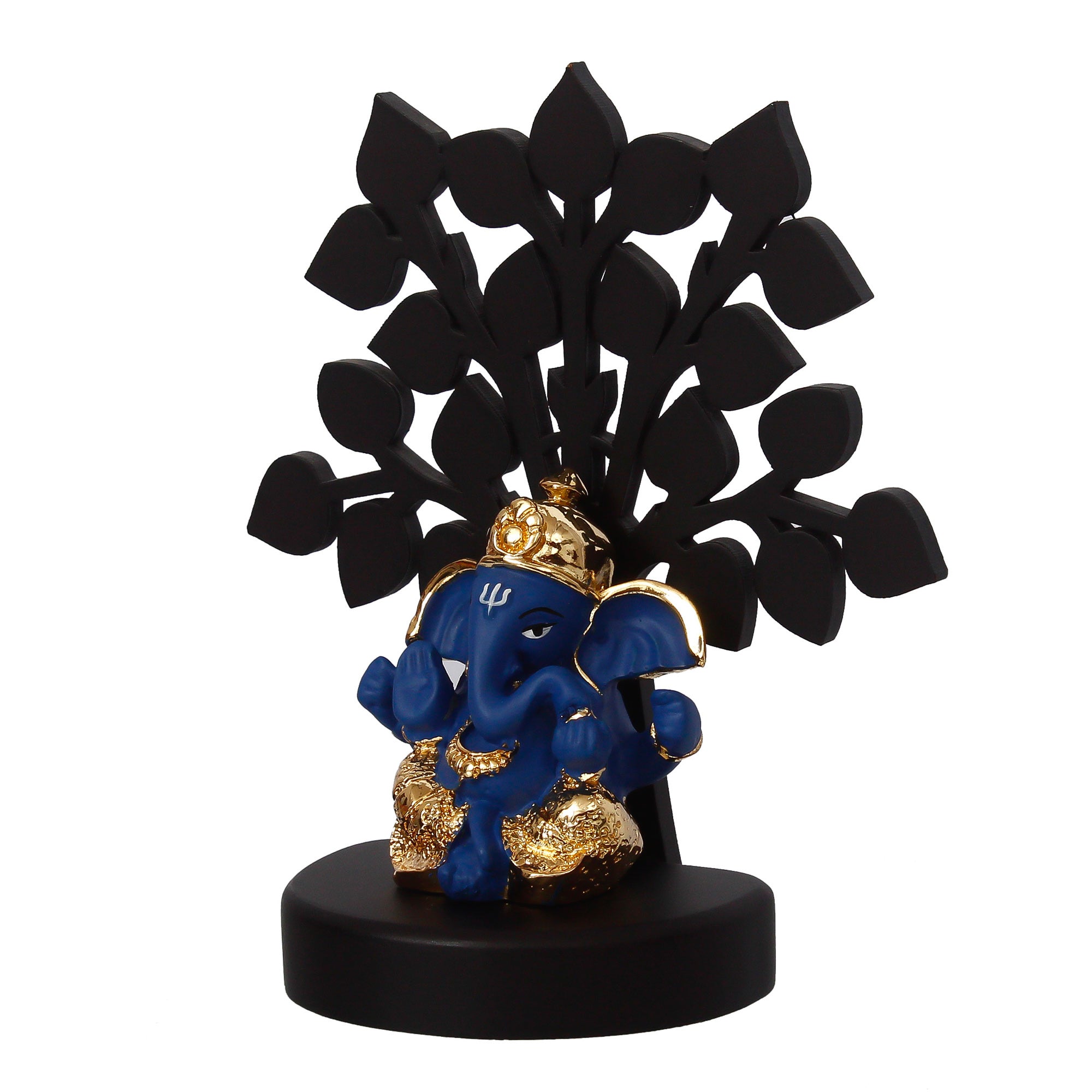 Gold Plated Blue Polyresin Ganesha Idol with Wooden Tree for Home, Temple, Office and Car Dashboard 6