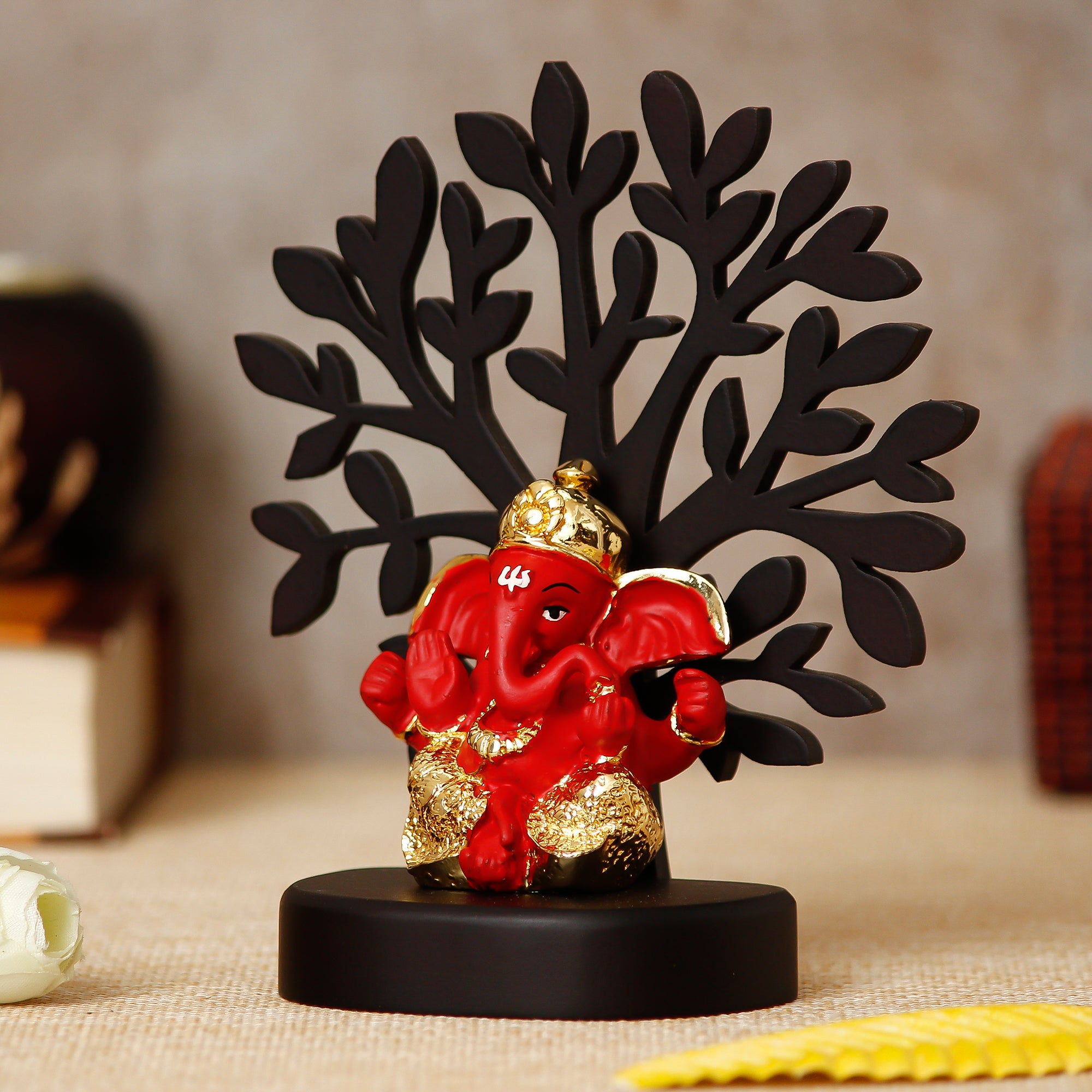 Gold Plated Orange Polyresin Ganesha Idol with Wooden Tree for Home, Temple, Office and Car Dashboard 1