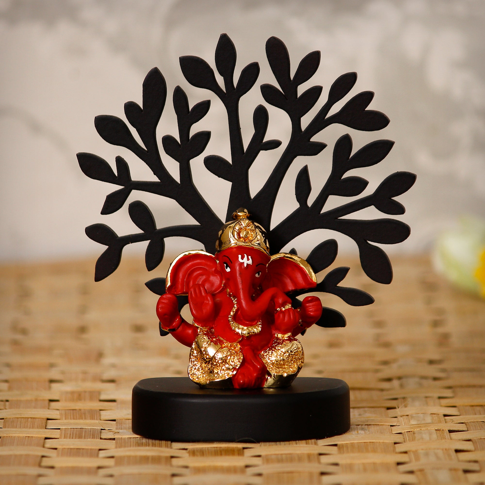 Gold Plated Red Polyresin Dhoti Ganesha Idol with Wooden Tree for Home, Temple, Office and Car Dashboard