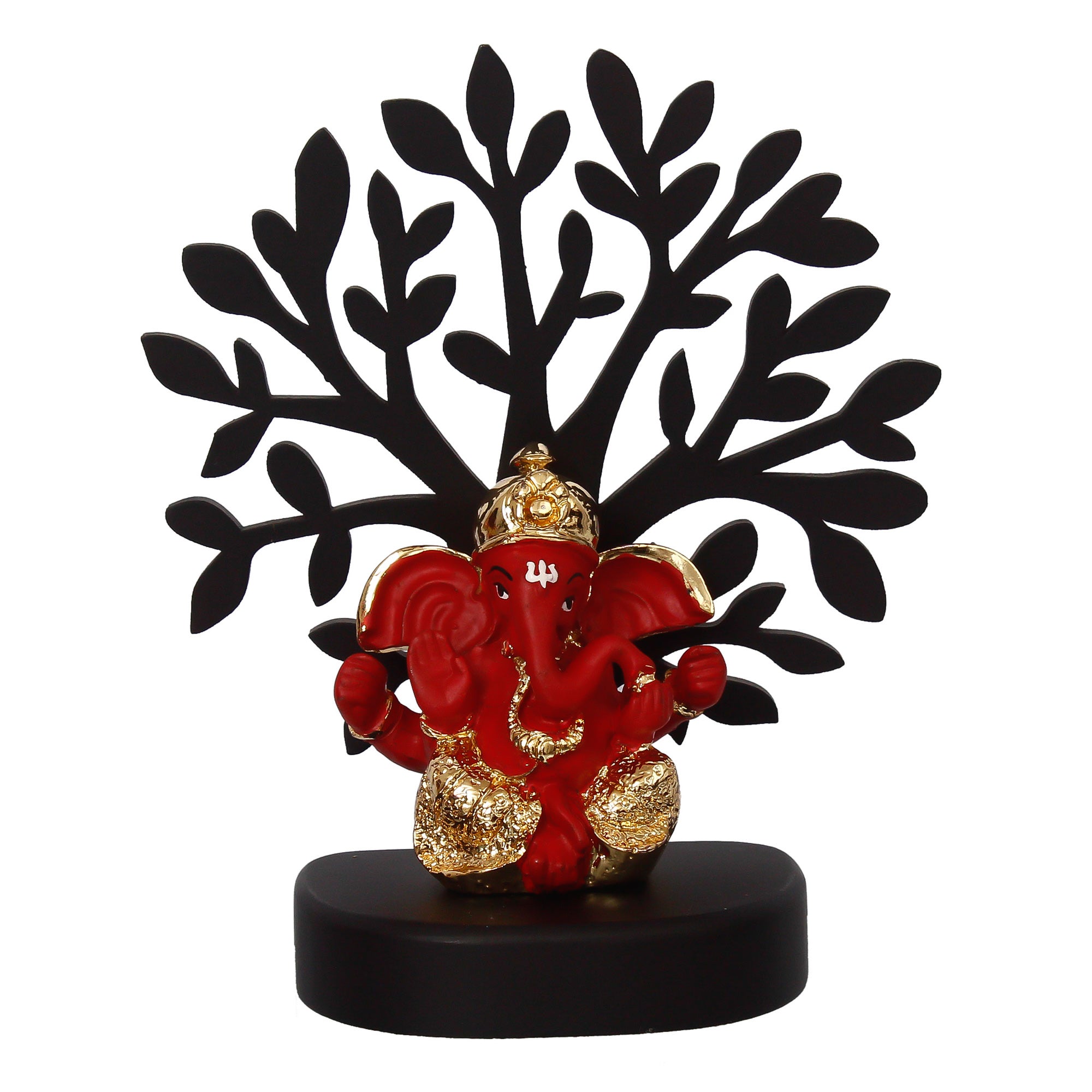 Gold Plated Red Polyresin Dhoti Ganesha Idol with Wooden Tree for Home, Temple, Office and Car Dashboard 1