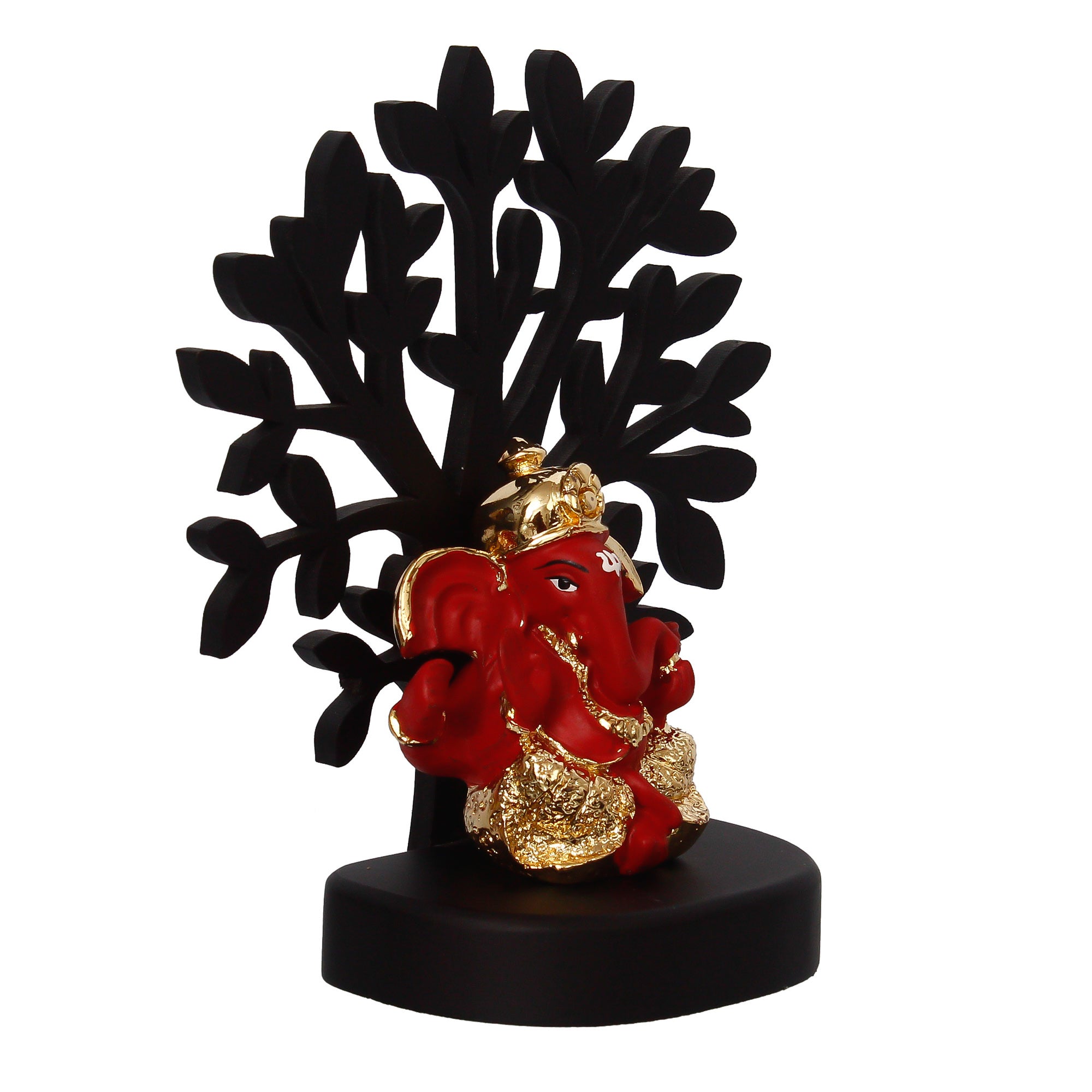 Gold Plated Red Polyresin Dhoti Ganesha Idol with Wooden Tree for Home, Temple, Office and Car Dashboard 3