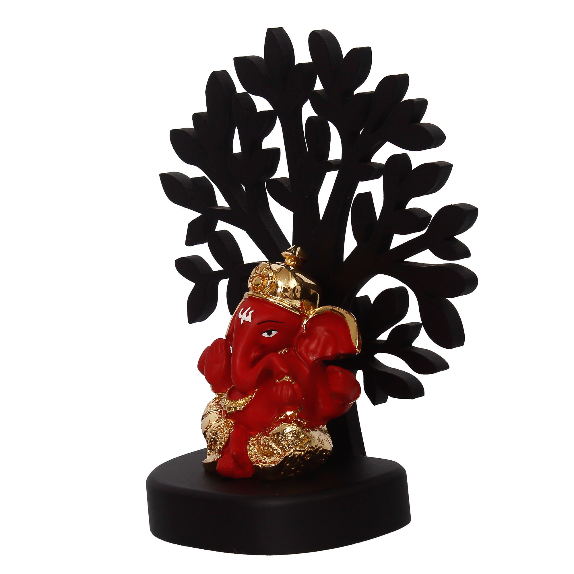 Gold Plated Red Polyresin Dhoti Ganesha Idol with Wooden Tree for Home, Temple, Office and Car Dashboard 4