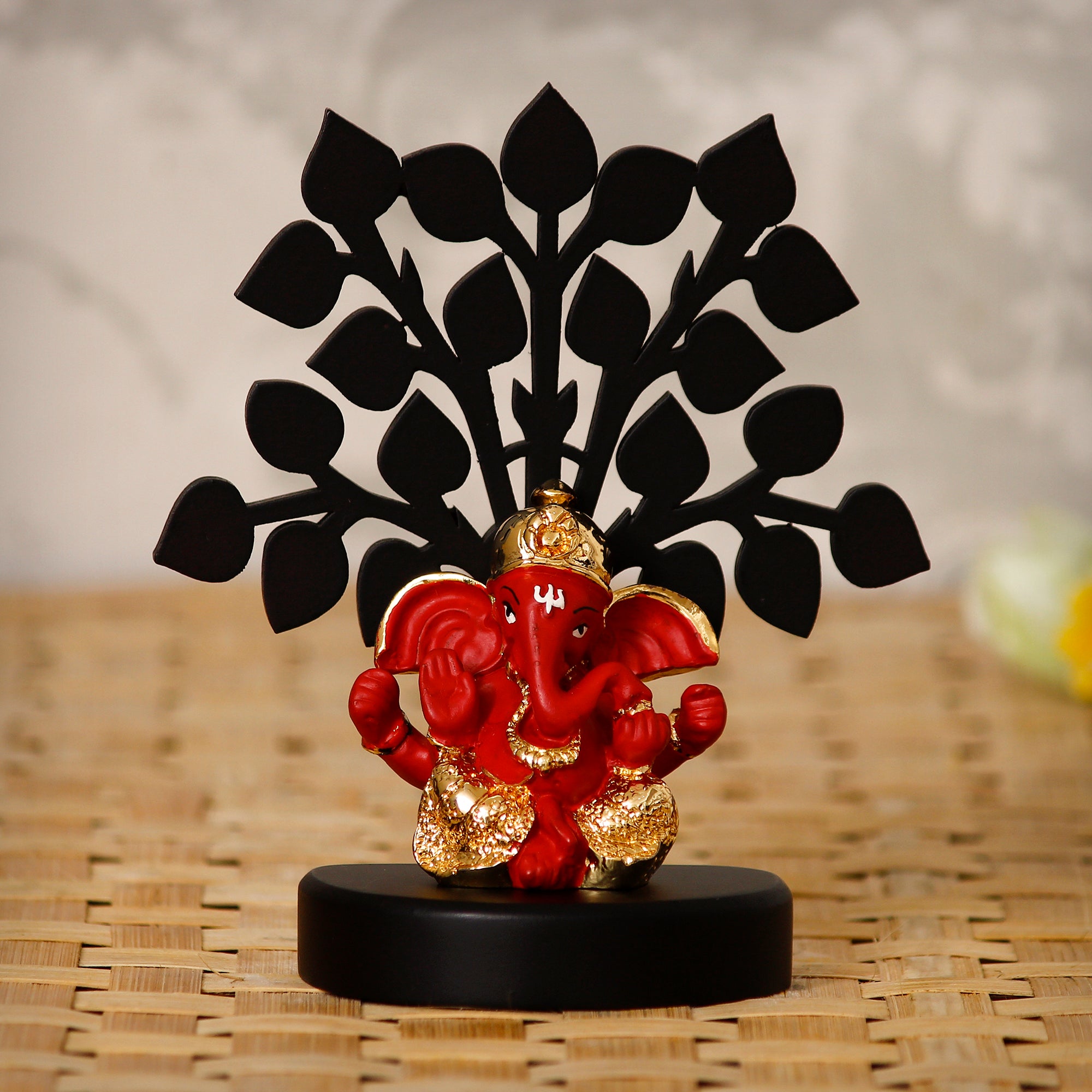 Gold Plated Red Polyresin Ganesha Idol with Wooden Tree for Home, Temple, Office and Car Dashboard 1