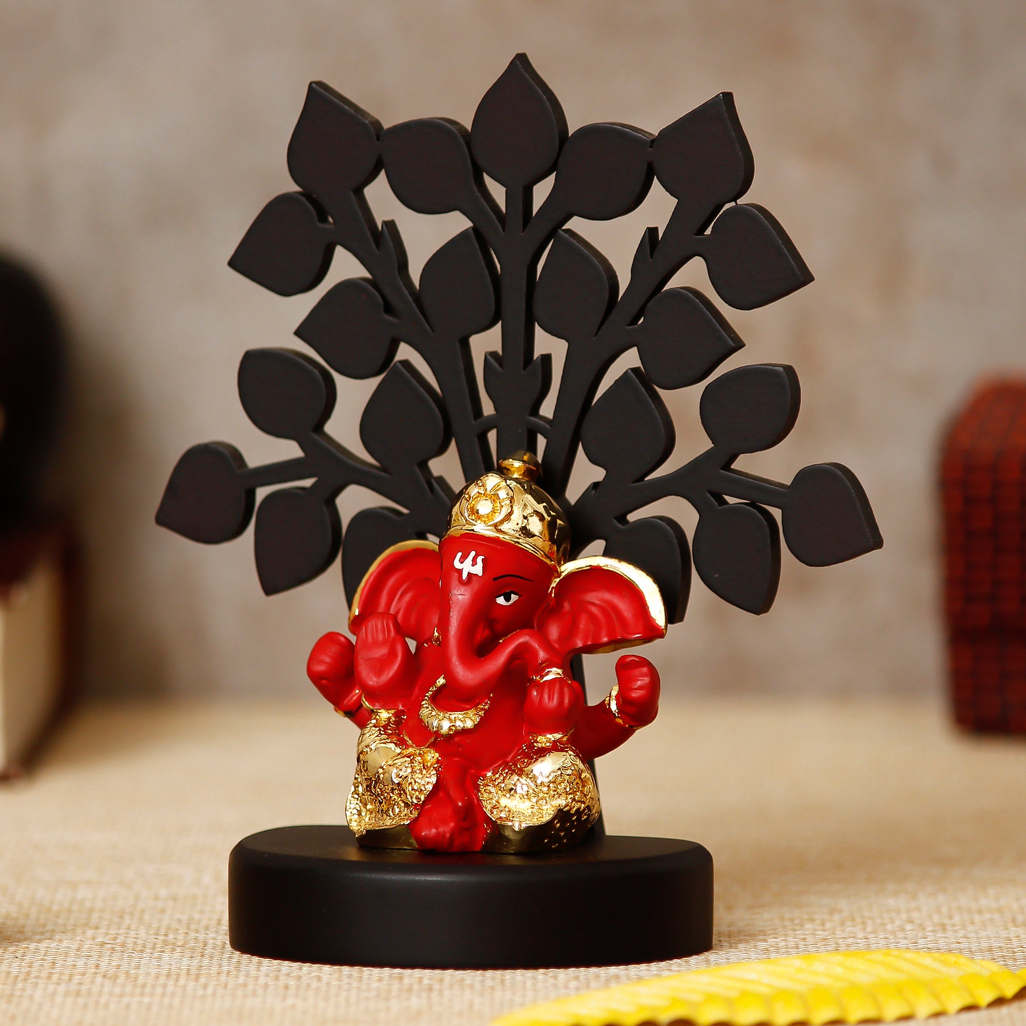 Gold Plated Red Polyresin Ganesha Idol with Wooden Tree for Home, Temple, Office and Car Dashboard 2