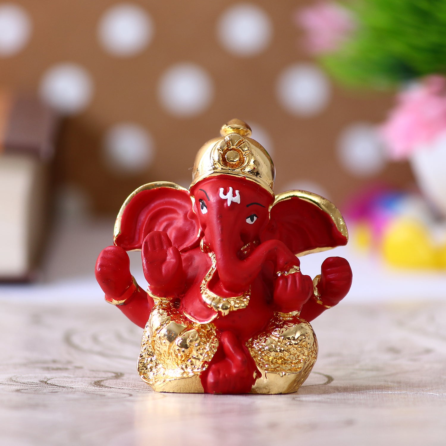 Gold Plated Red Polyresin Ganesha Idol for Home, Temple, Office and Car Dashboard