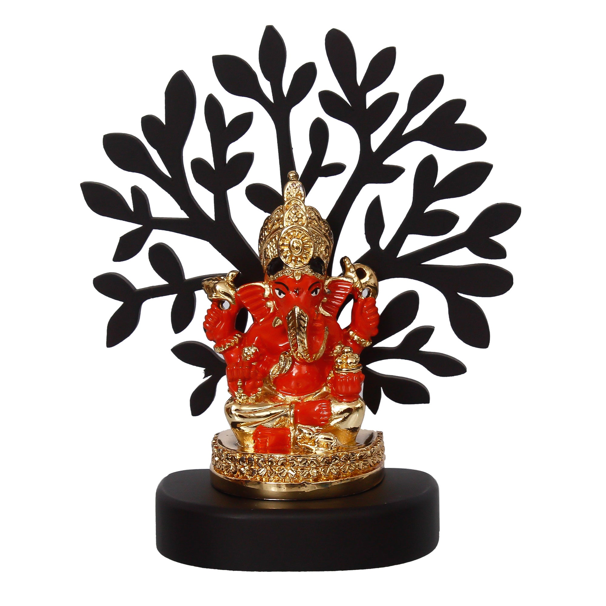 Gold Plated Orange Polyresin Ganesha Idol with Wooden Tree for Home, Temple, Office and Car Dashboard 3
