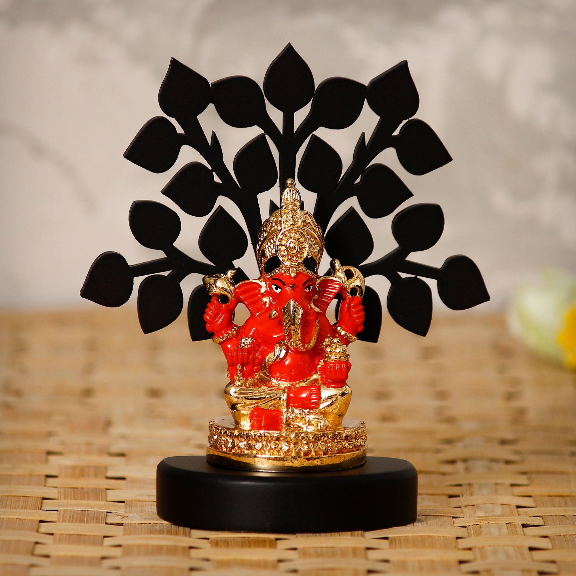 Gold Plated Orange Polyresin Ganesha Idol with Wooden Tree for Home, Temple, Office and Car Dashboard