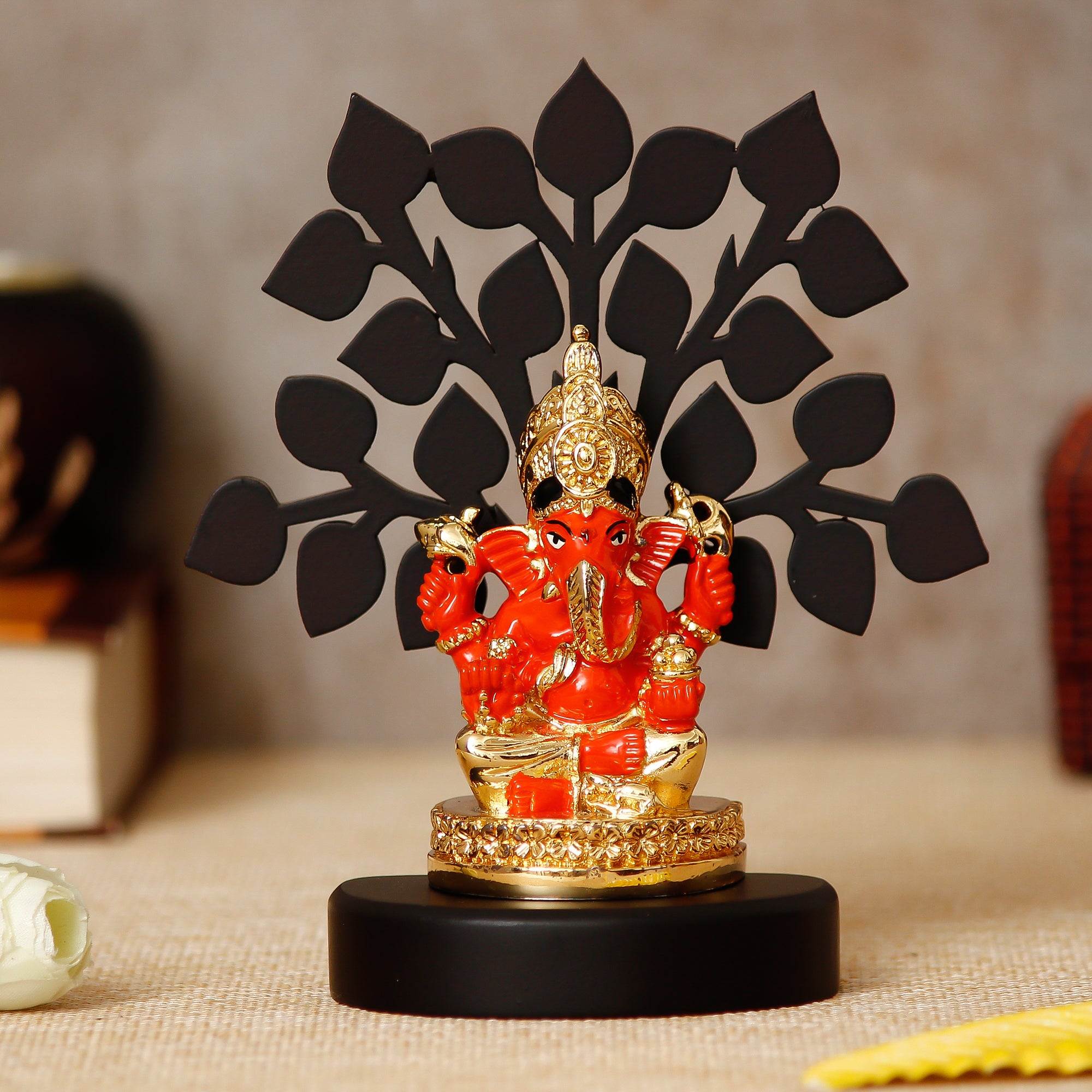 Gold Plated Orange Polyresin Ganesha Idol with Wooden Tree for Home, Temple, Office and Car Dashboard 1