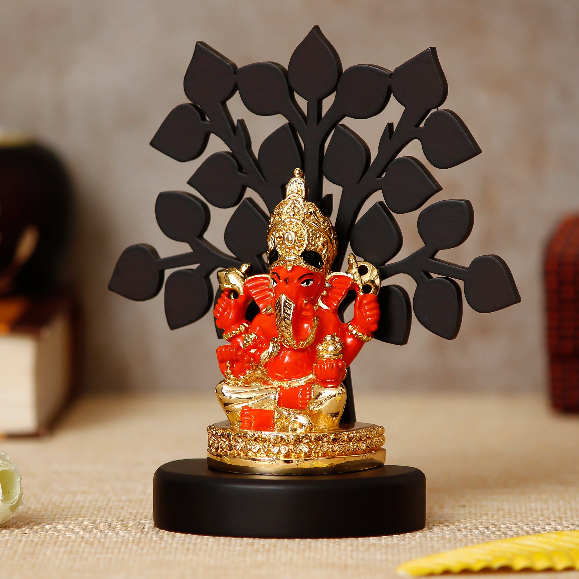 Gold Plated Orange Polyresin Ganesha Idol with Wooden Tree for Home, Temple, Office and Car Dashboard 2