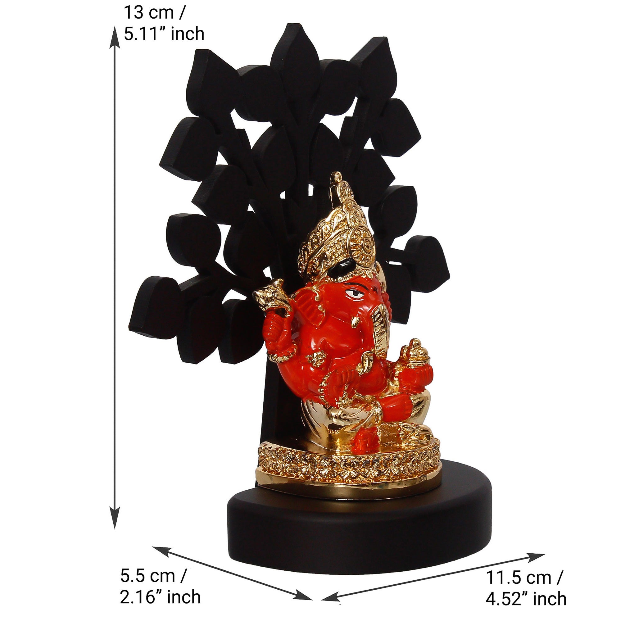 Gold Plated Orange Polyresin Ganesha Idol with Wooden Tree for Home, Temple, Office and Car Dashboard 4