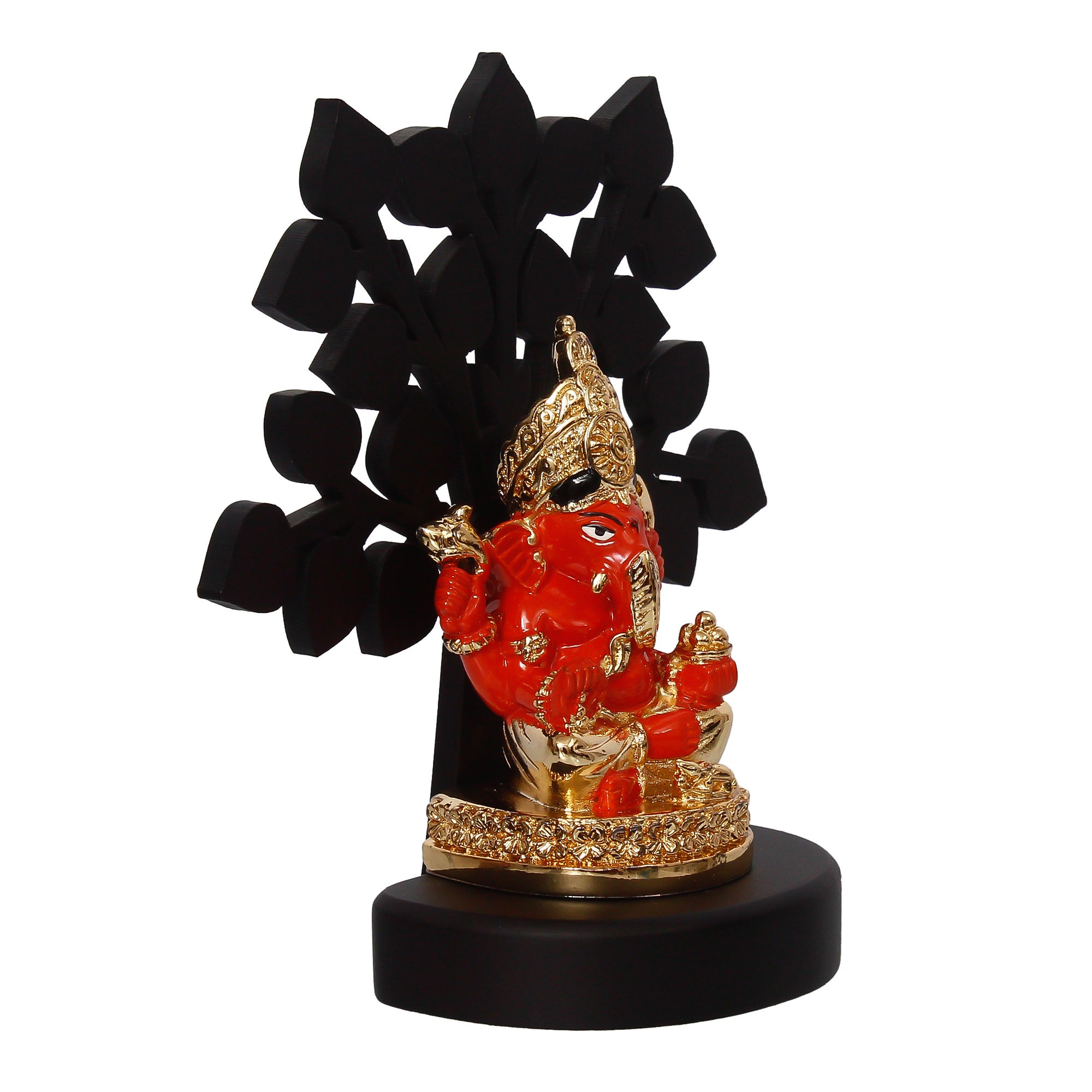 Gold Plated Orange Polyresin Ganesha Idol with Wooden Tree for Home, Temple, Office and Car Dashboard 5