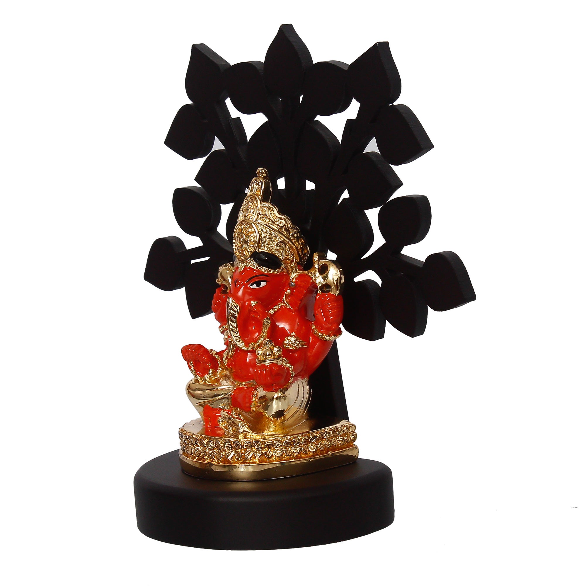 Gold Plated Orange Polyresin Ganesha Idol with Wooden Tree for Home, Temple, Office and Car Dashboard 6