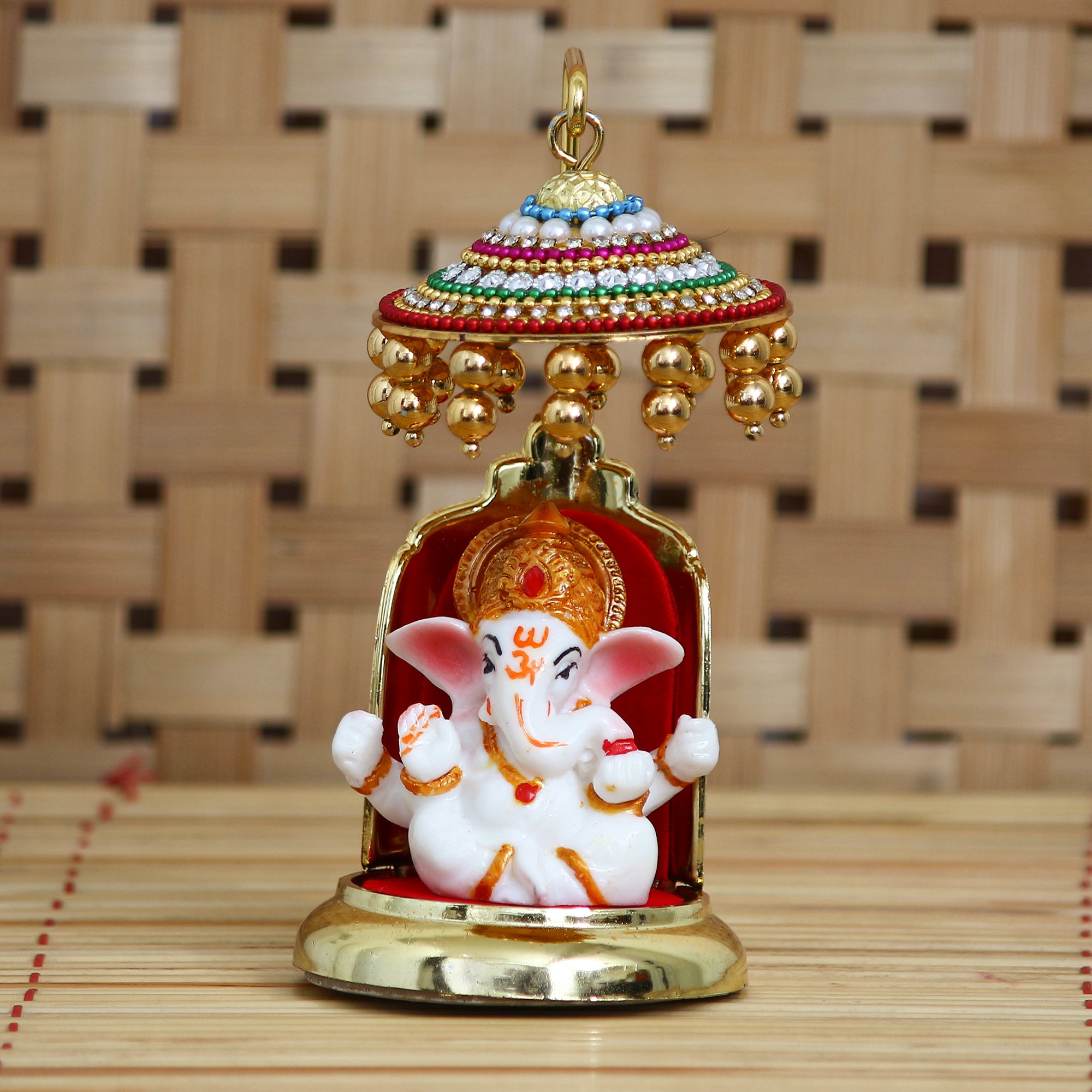 Decorative Lord Ganesha Idol with Designer Chatri for Car Dashboard, Home Temple and Office Desks