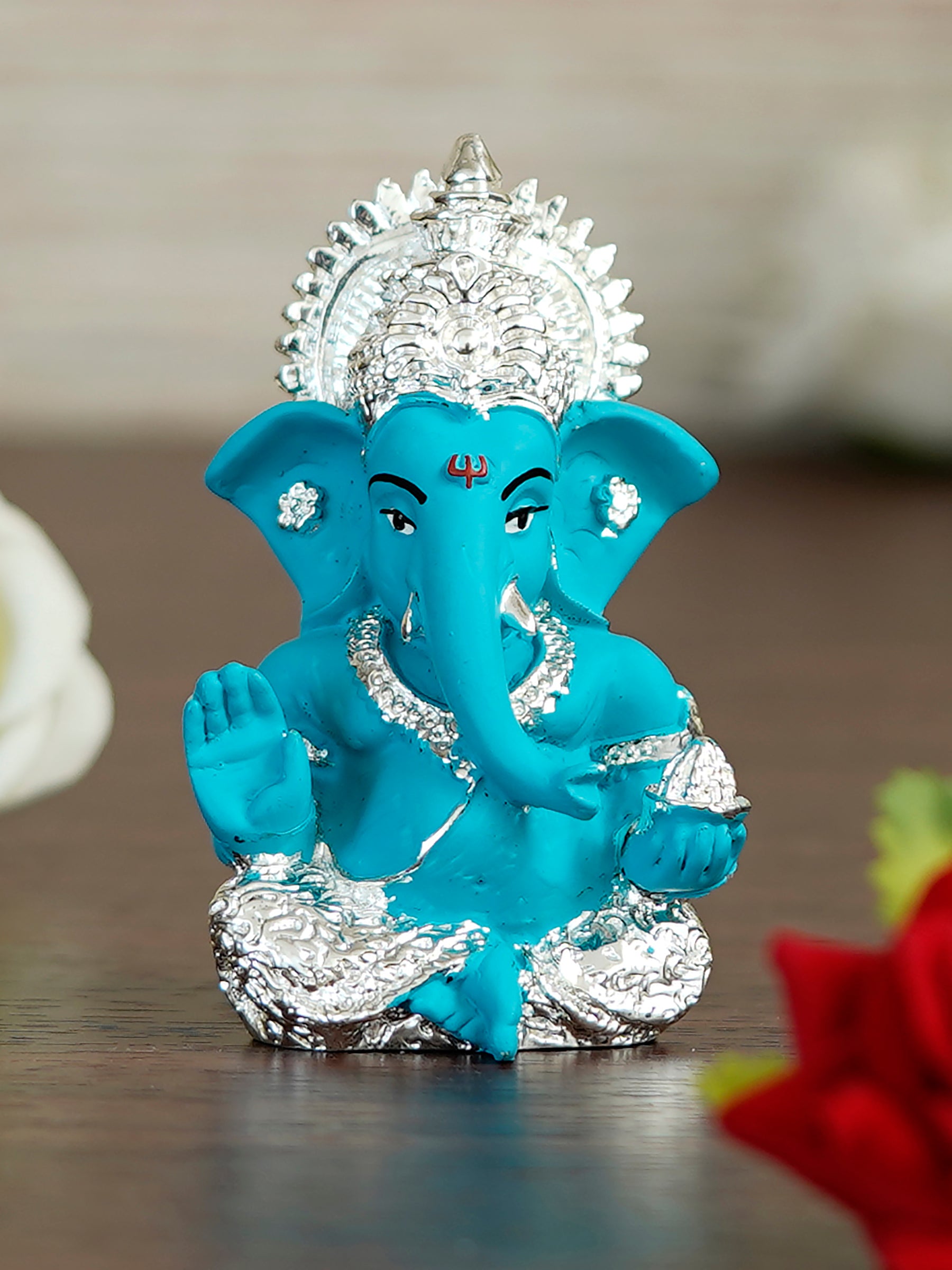 Silver Plated Blue Polyresin Ganesha Idol for Home, Temple, Office and Car Dashboard