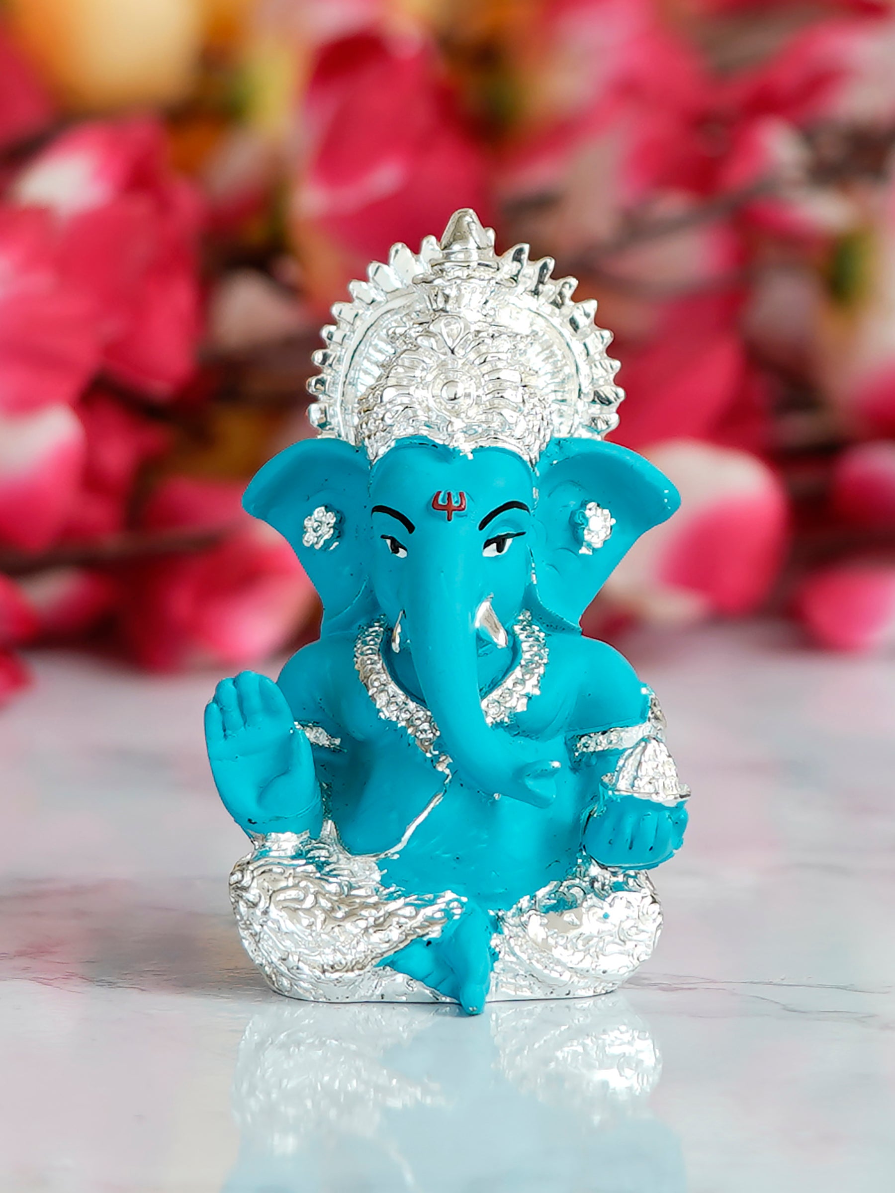 Silver Plated Blue Polyresin Ganesha Idol for Home, Temple, Office and Car Dashboard 1
