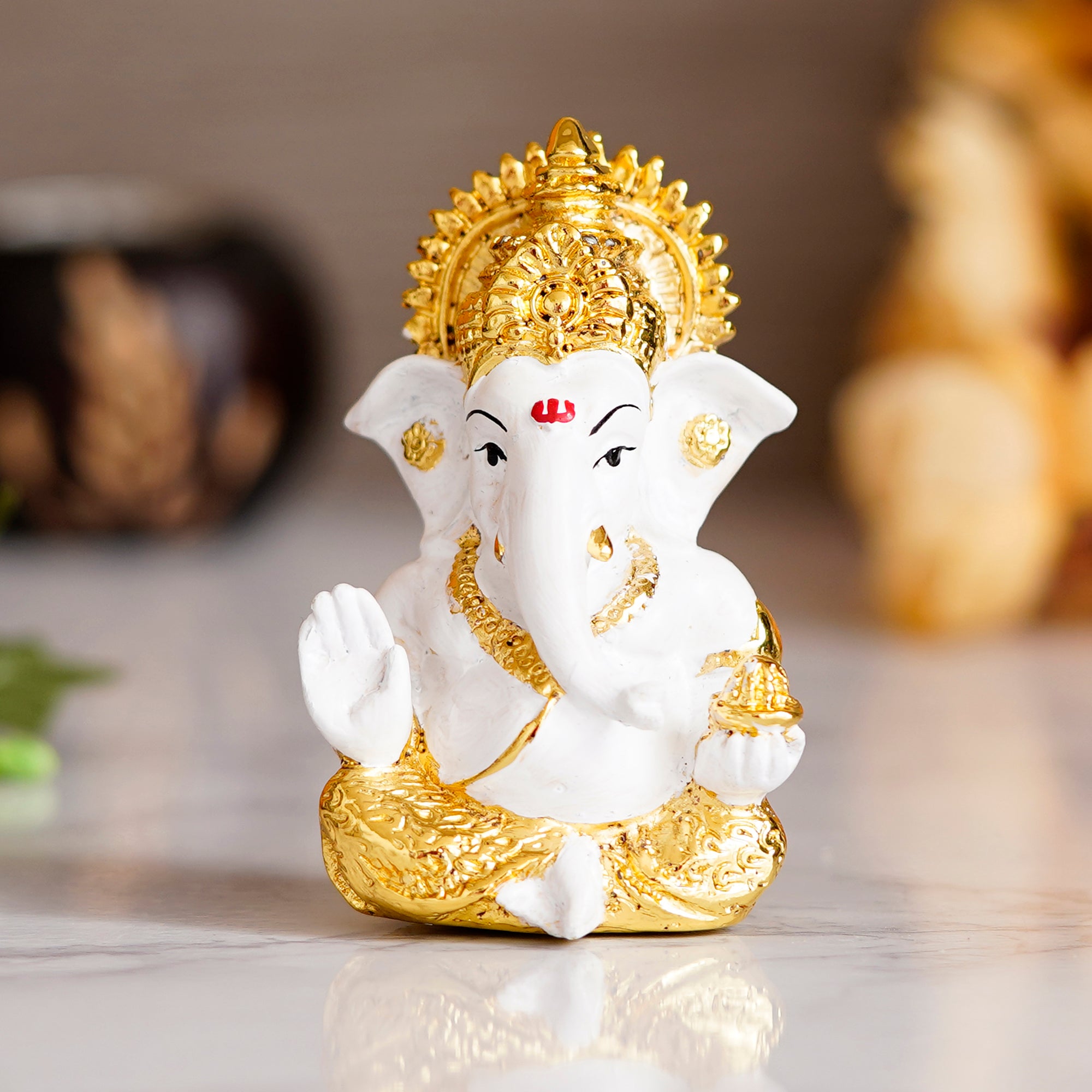 Gold Plated White Polyresin Ganesha Idol for Home, Temple, Office and Car Dashboard 1