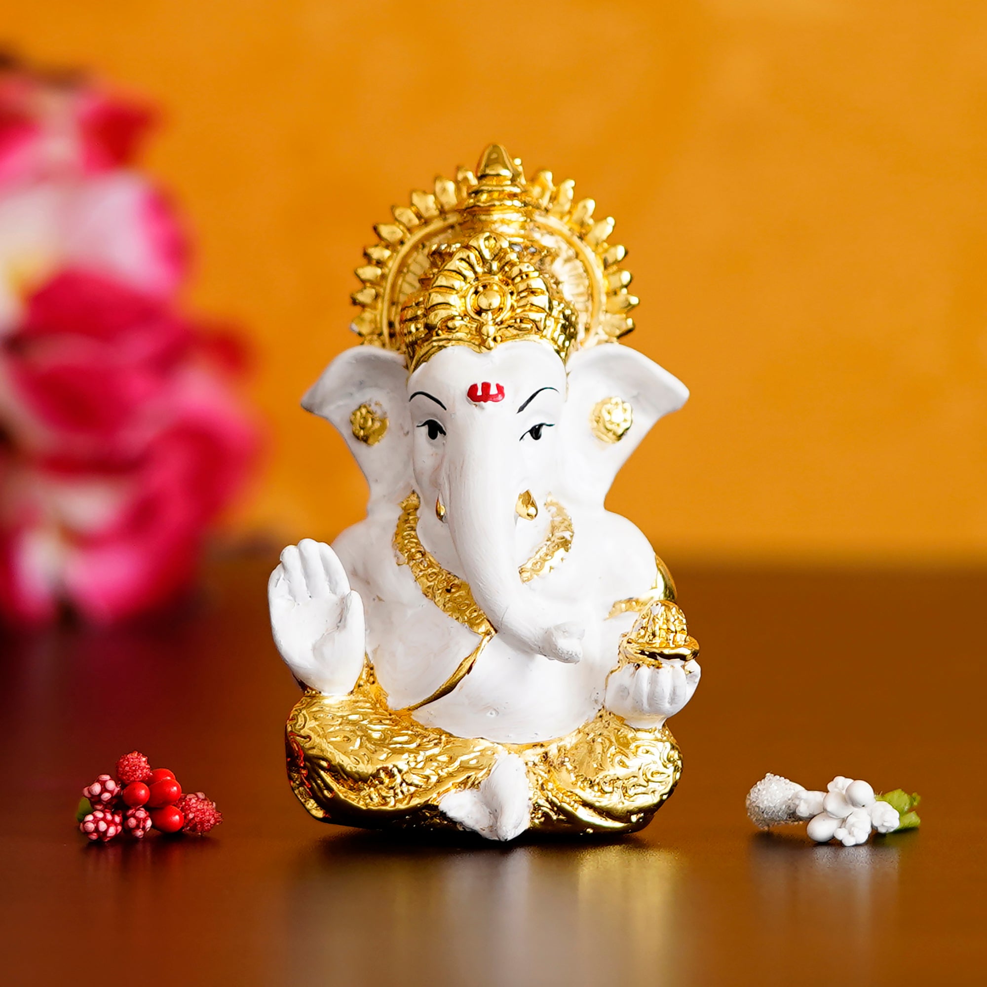 Gold Plated White Polyresin Ganesha Idol for Home, Temple, Office and Car Dashboard
