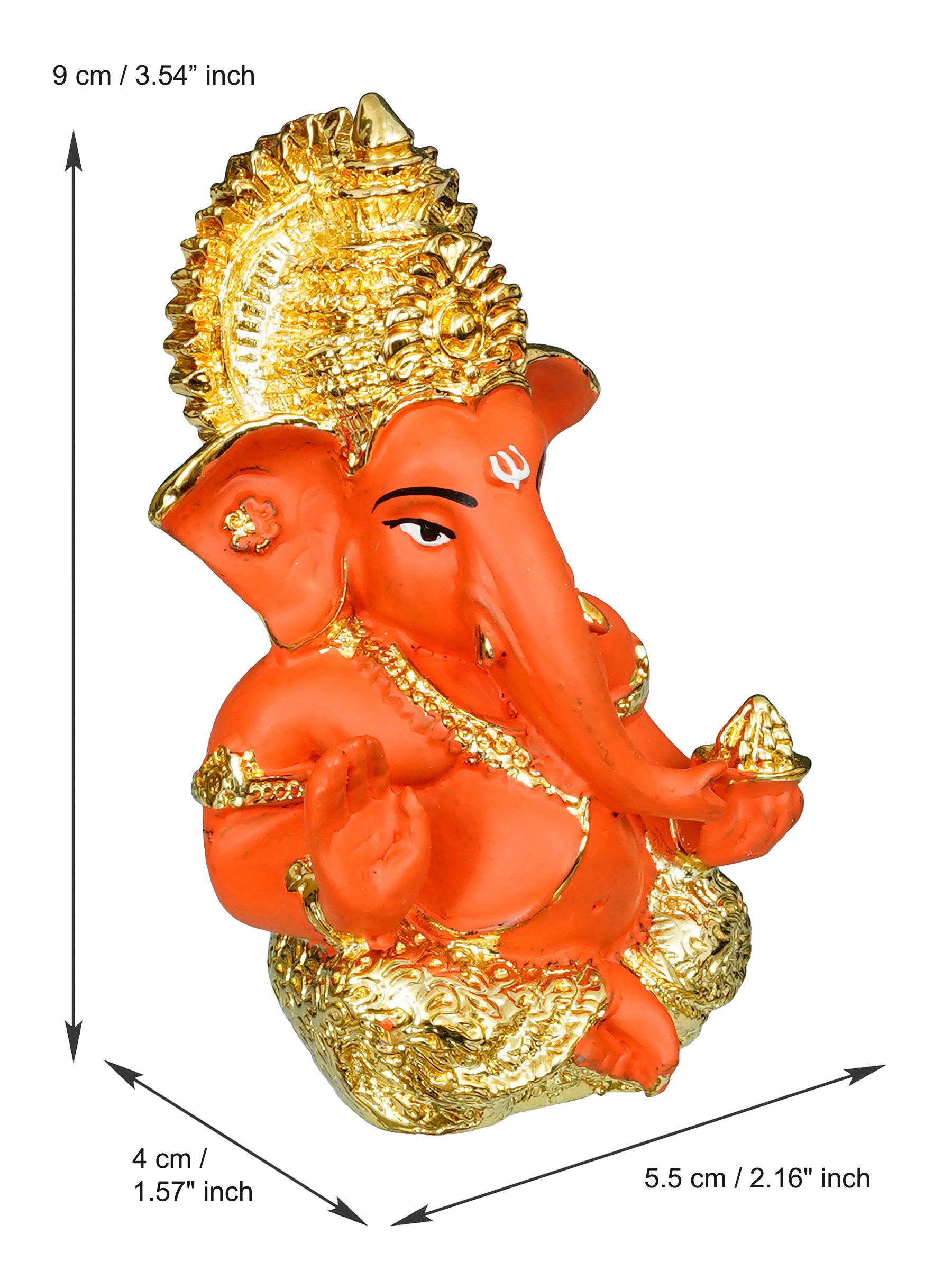 Gold Plated Orange Polyresin Ganesha Idol for Home, Temple, Office and Car Dashboard 3
