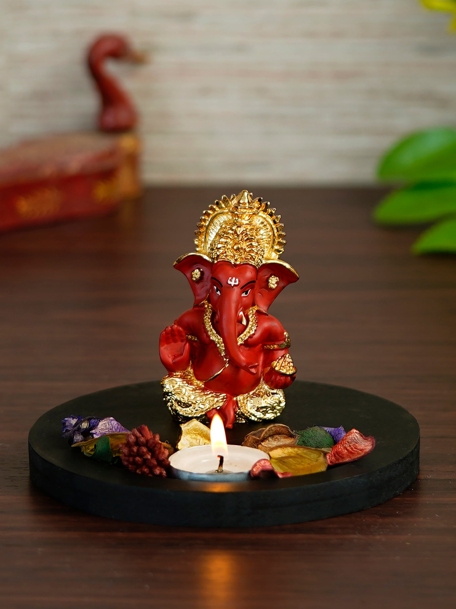 Polyresin Gold Plated Red Ganesha Idol on Wooden Base Tea Light Candle holder