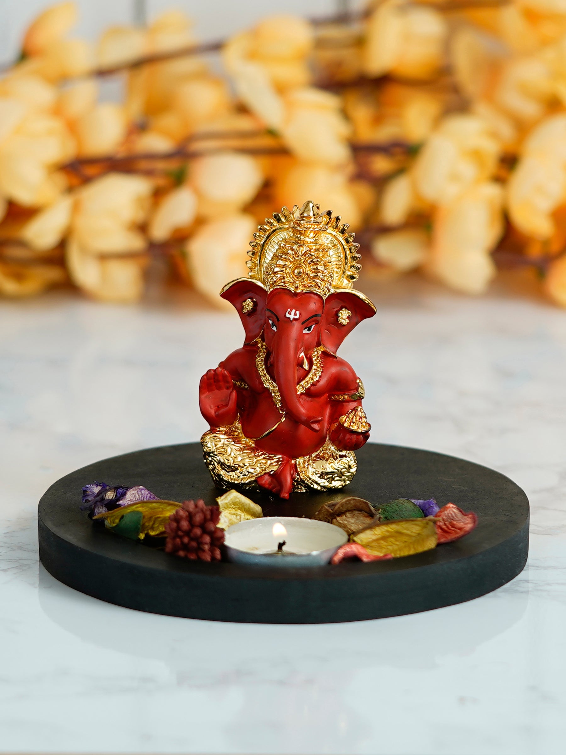 Polyresin Gold Plated Red Ganesha Idol on Wooden Base Tea Light Candle holder 1