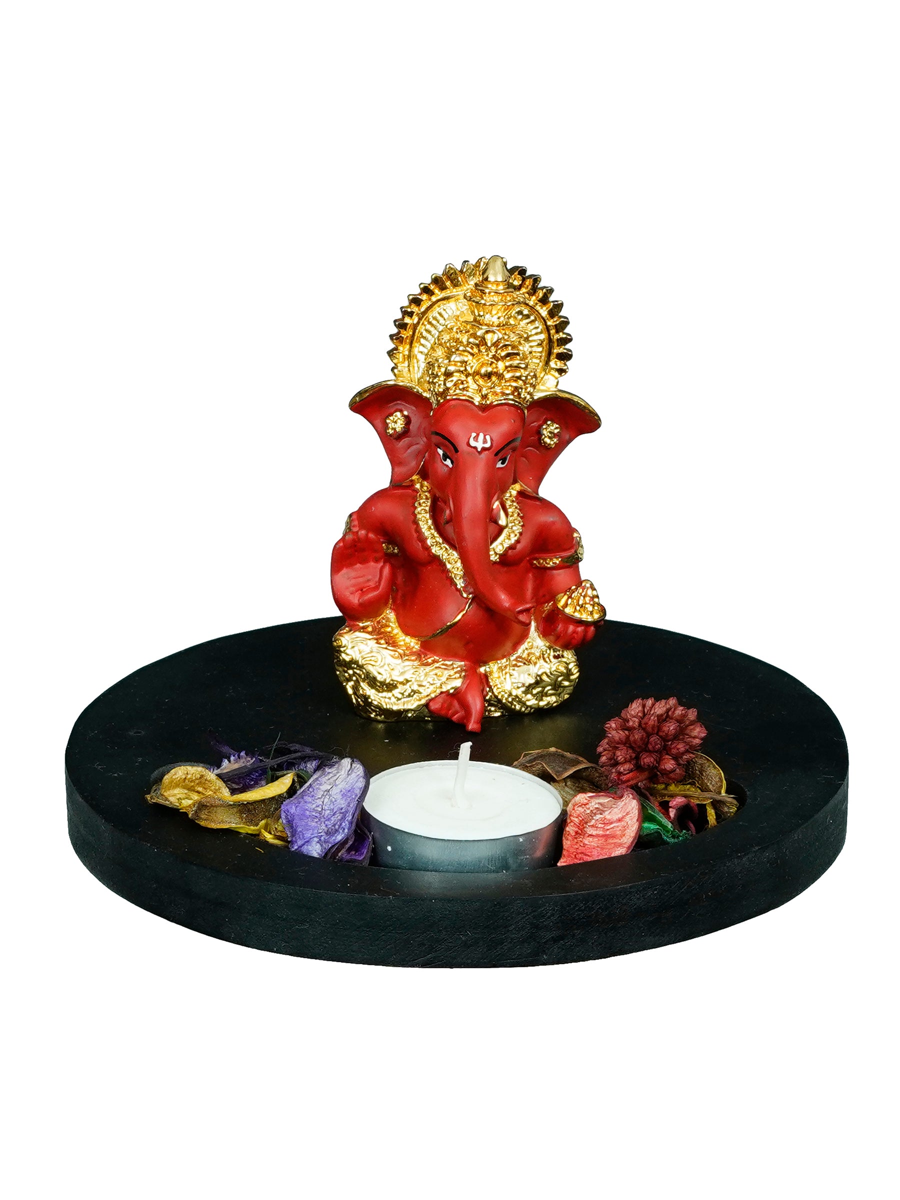 Polyresin Gold Plated Red Ganesha Idol on Wooden Base Tea Light Candle holder 2